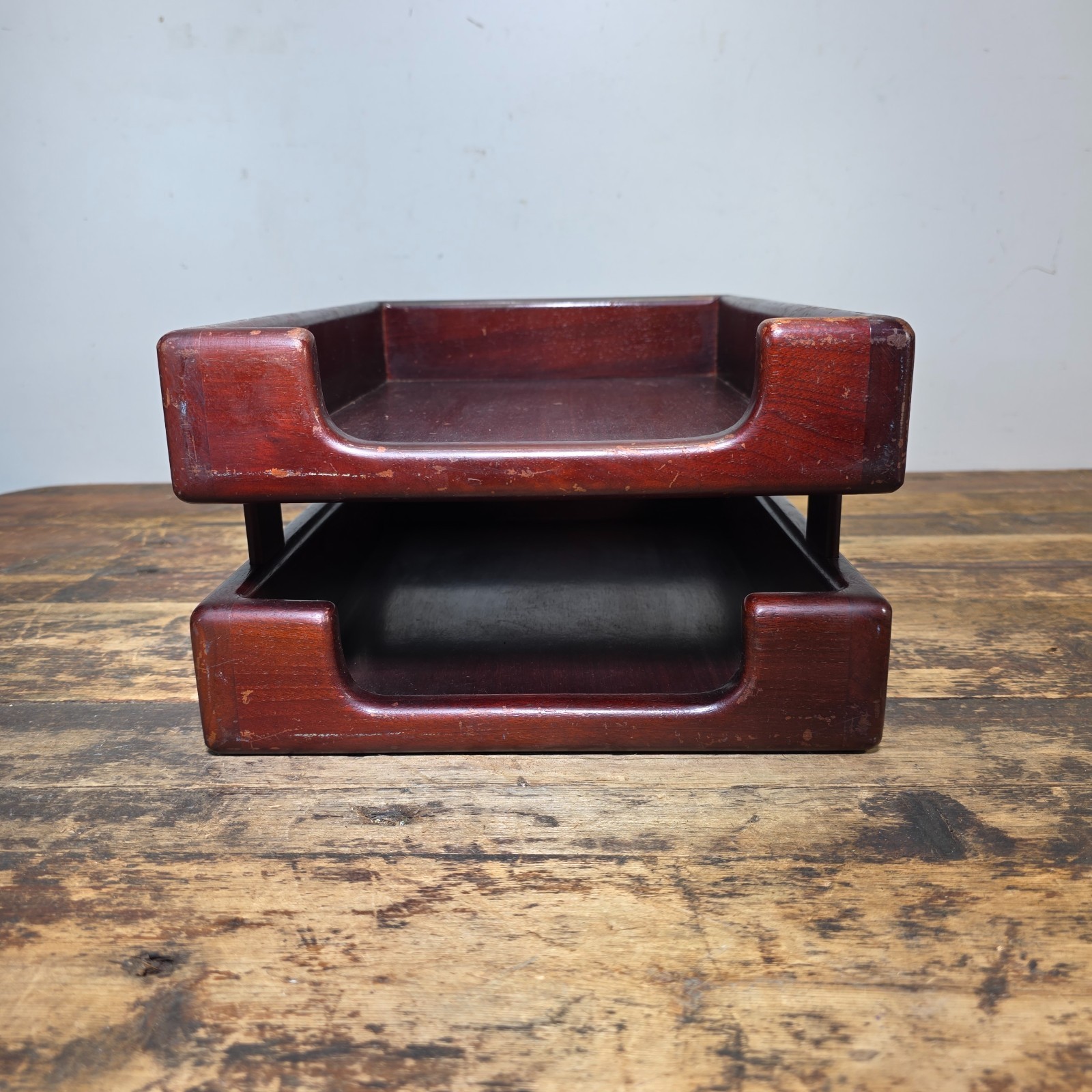 Vintage Wood 2 Tier Letter Tray Desk Organizer Mid Century Modern Rustic Style