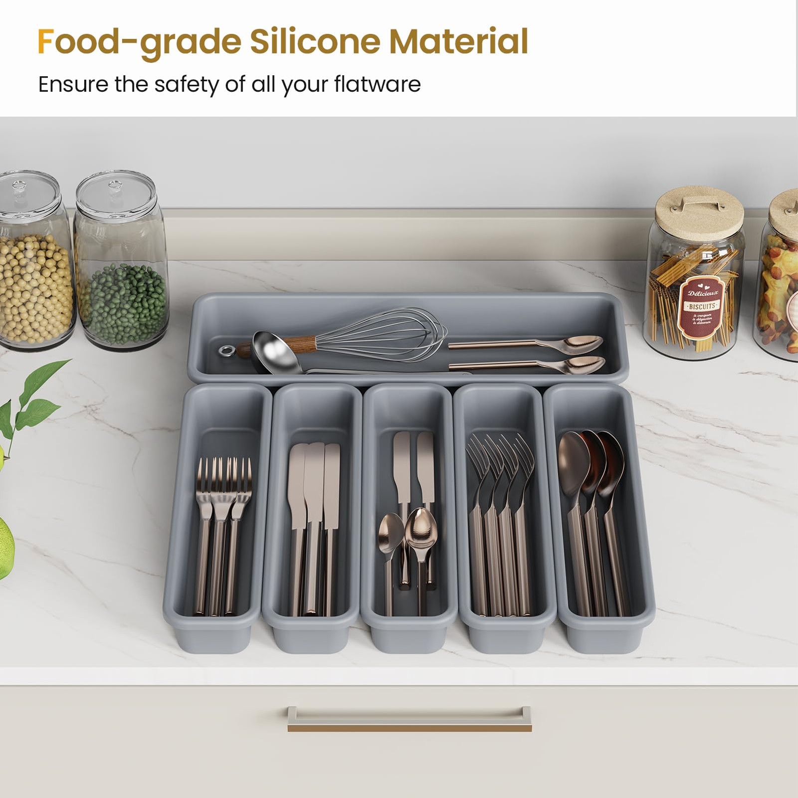 K KORKUAN 6 Pack Silicone Drawer Organizer for Kitchen, DIY Free 6 Pack, Grey