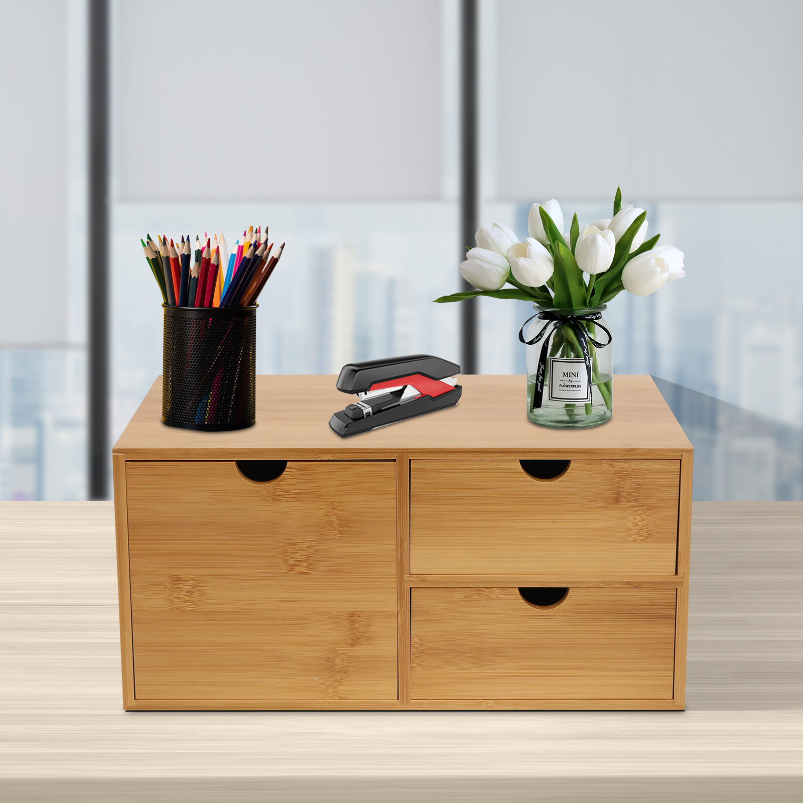 Bamboo Desk Organizer Drawer Tabletop Storage Organization Box Home