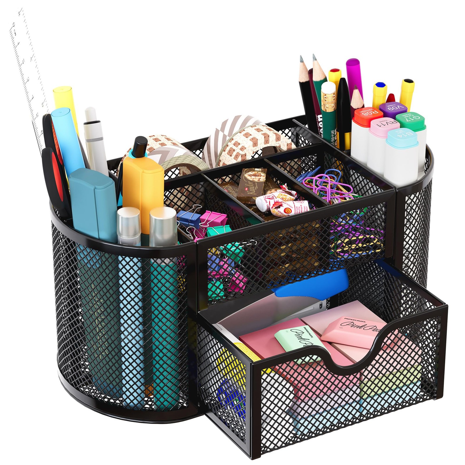 EasyPAG Mesh Pen Holder Desk Organizer with Drawer 9 Compartment, Black