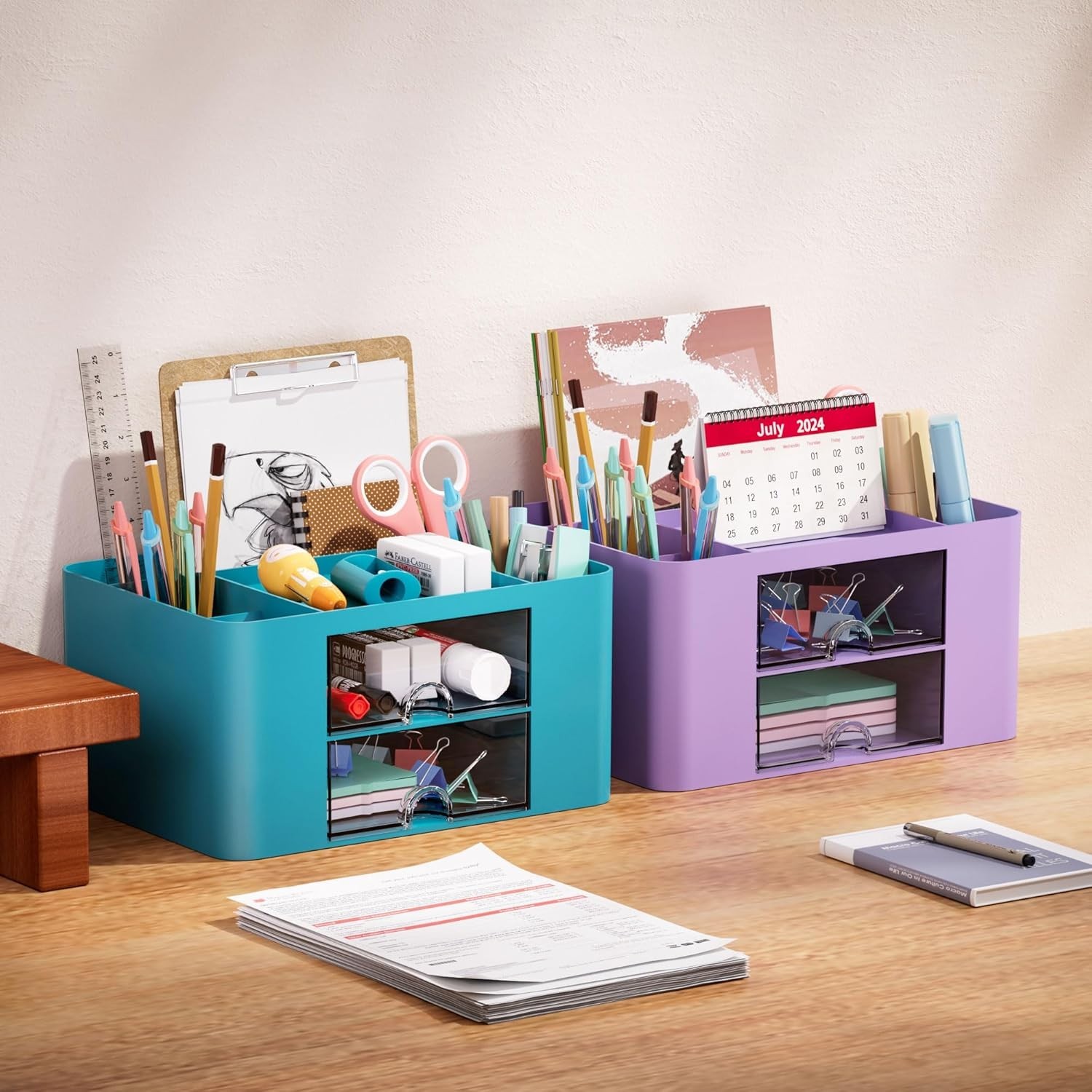 Pen Organizer with 2 Drawer, Multi-Functional Pencil Holder for Desk, Desk Organ