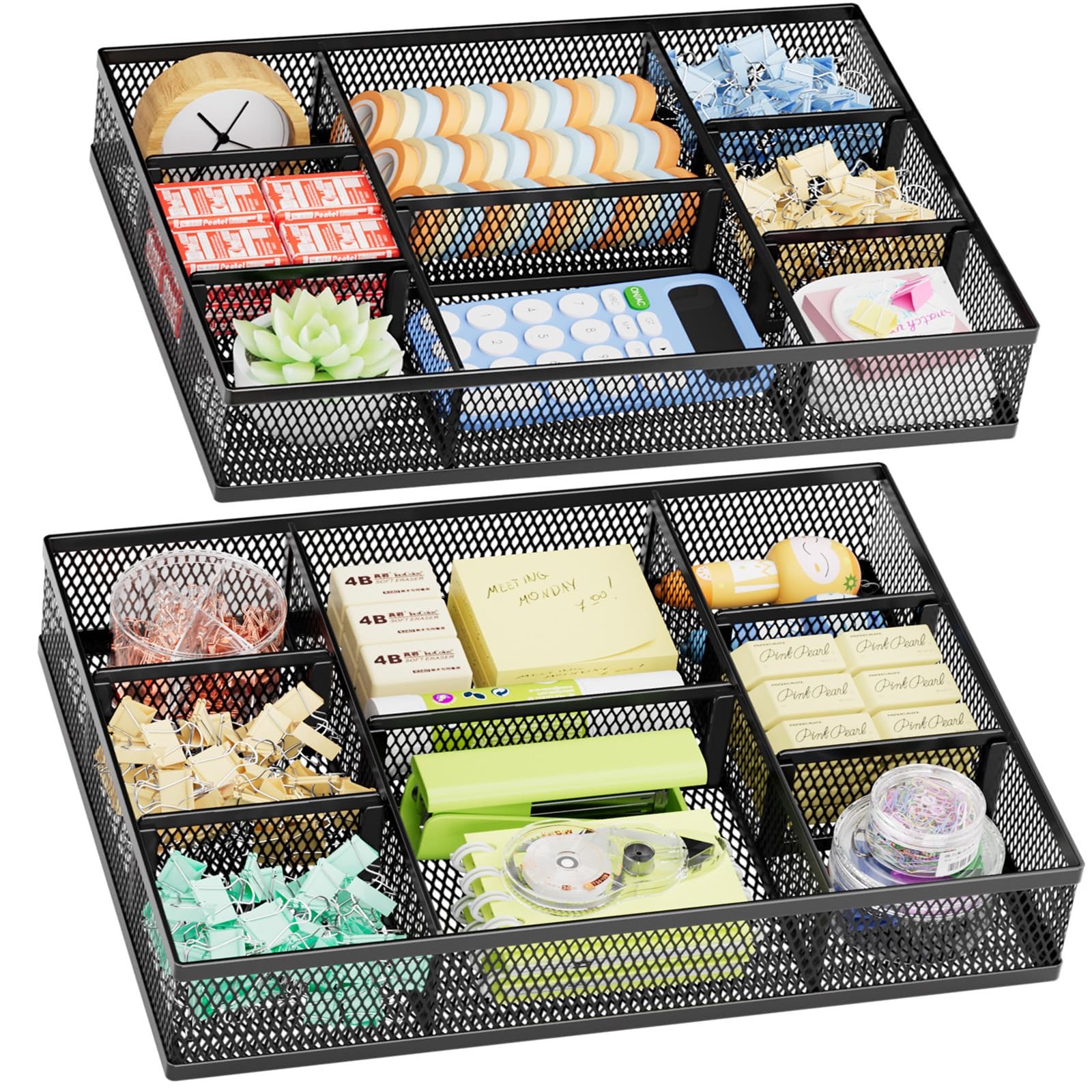 2 Pack Desk Drawer Organizer, Mesh Drawer Organizer Tray with 8 Adjustable Co…