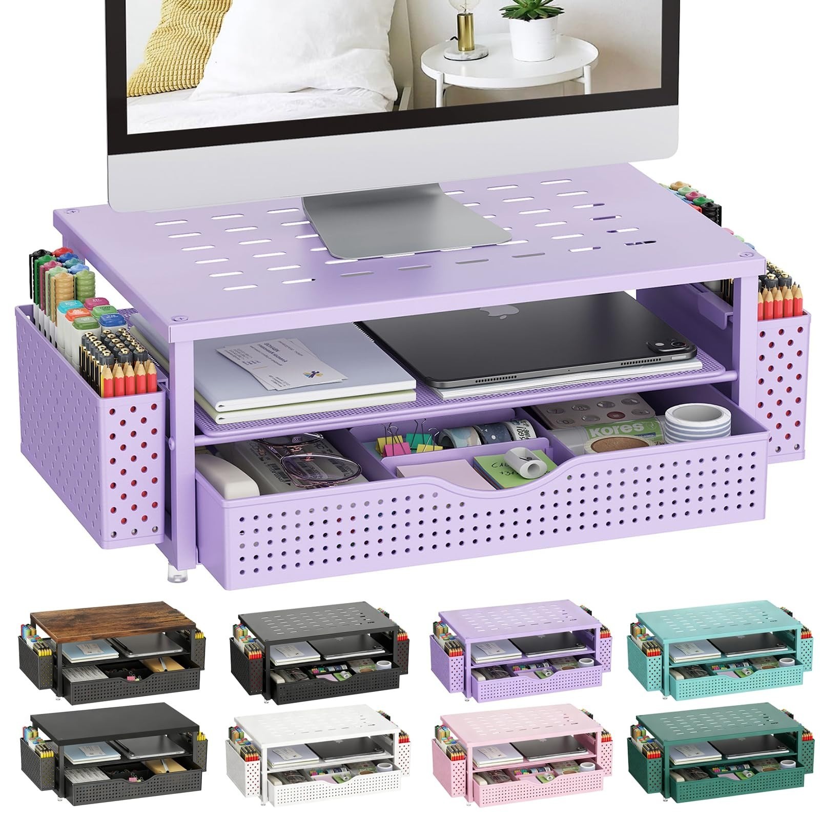 gianotter Desk Organizer with Drawer & Pen Holders – Black Monitor Stand