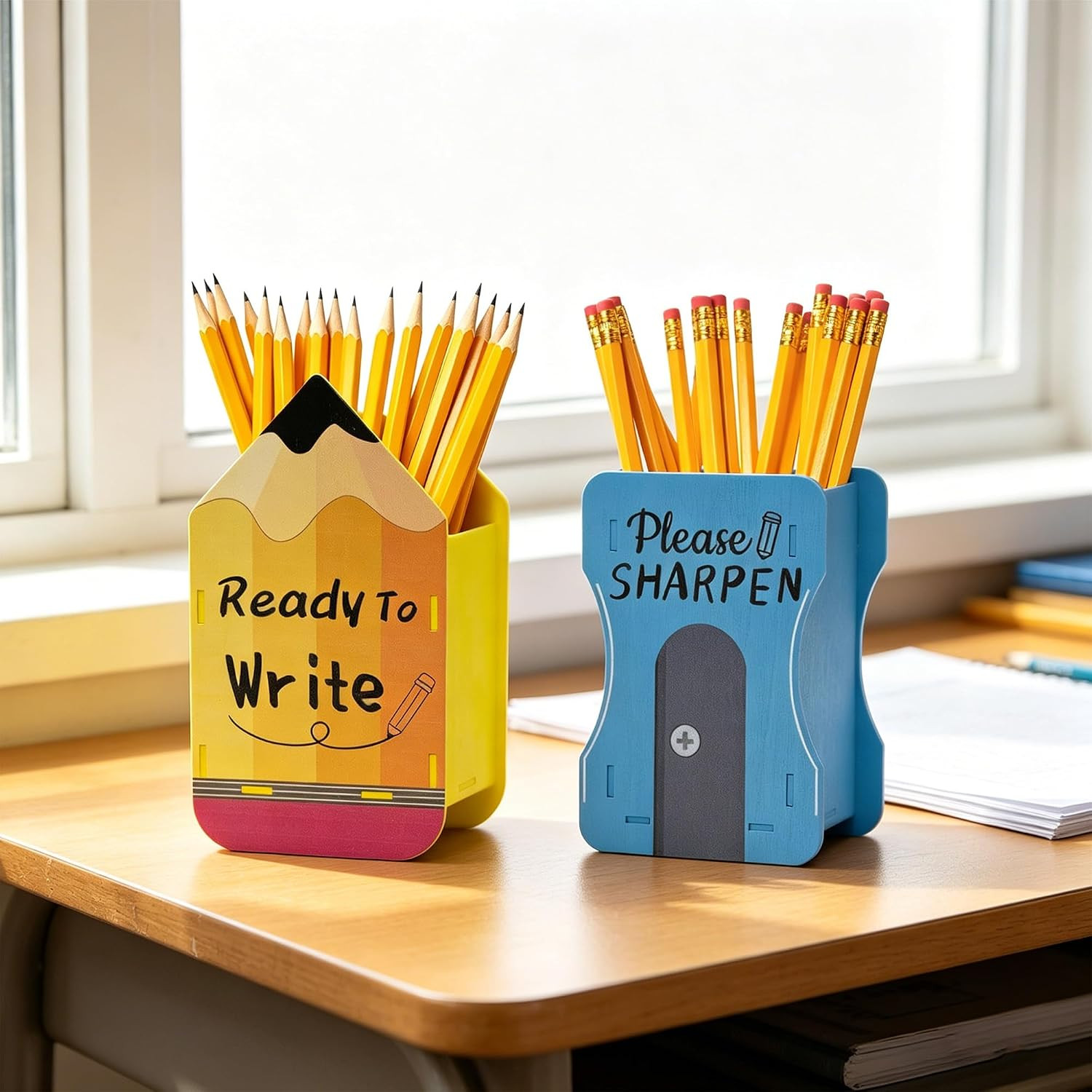 2 PCS Wooden Pencil Dispenser, Sharp and Dull Pencil Holder for Classroom, Back