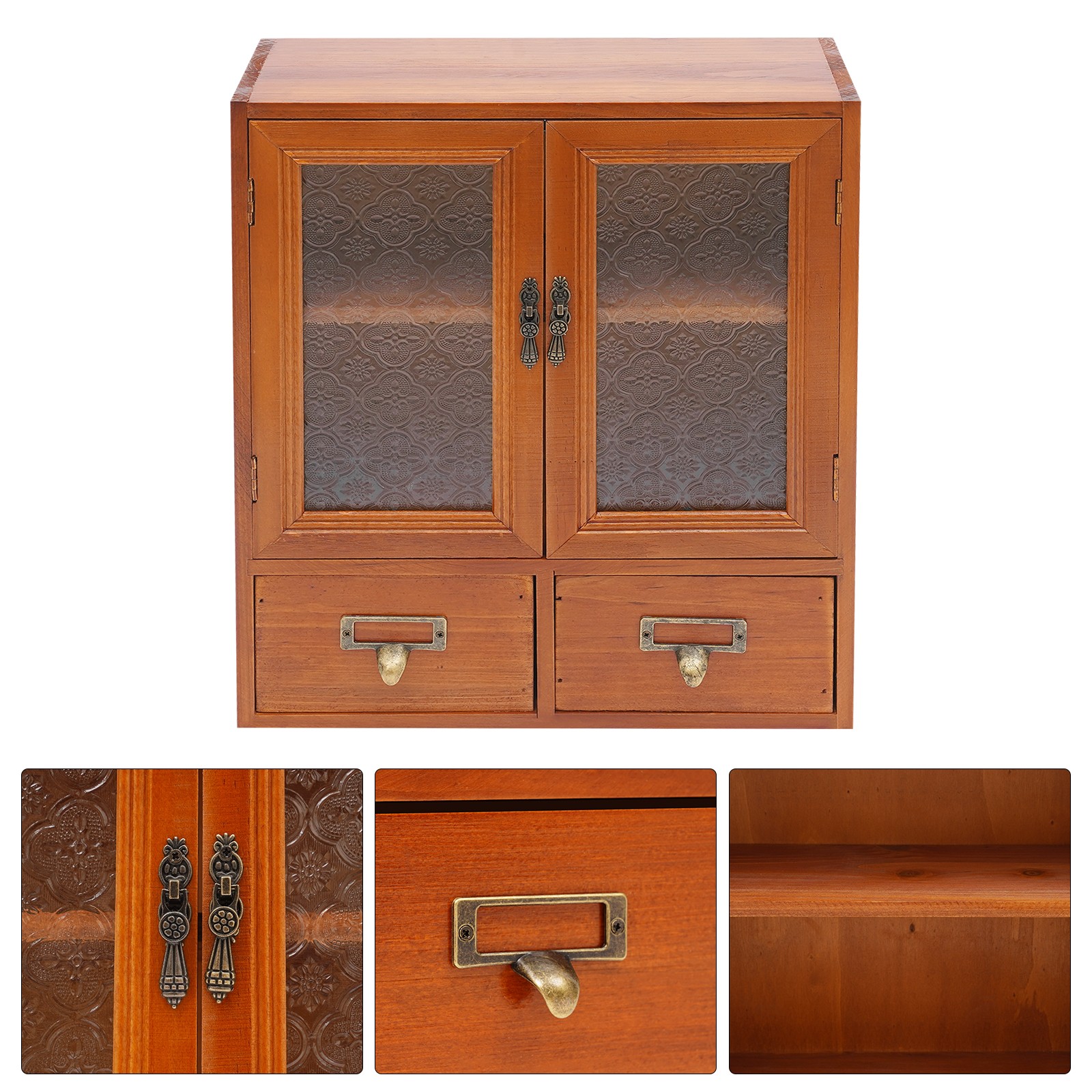 Vintage Tabletop Organizer with 2 Drawers & Glass Door Storage Cabinet Brown