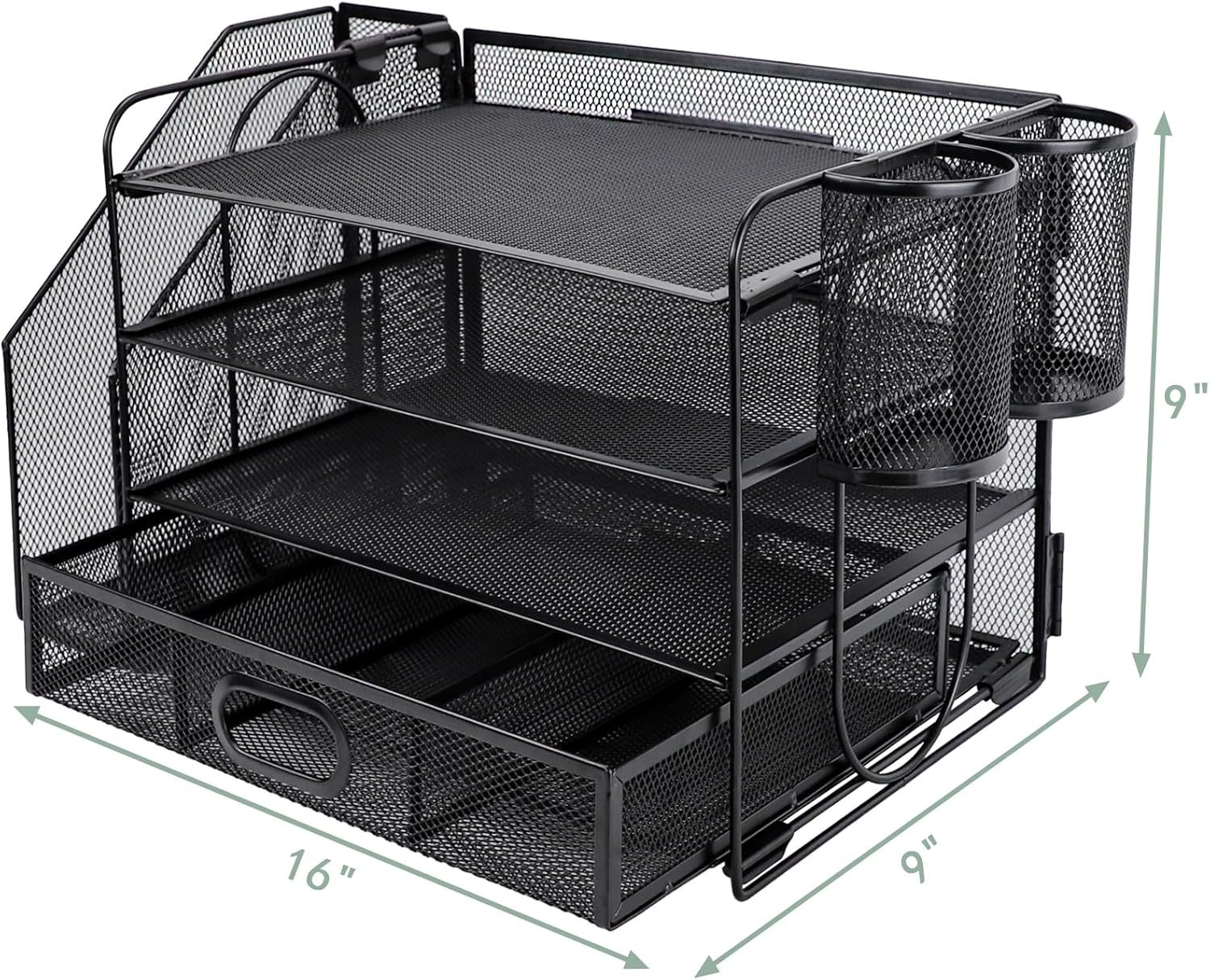 4 Tier Metal Desk File Organizer Vertical Sorter Paper Tray and Drawer Black