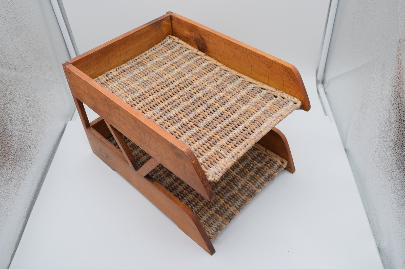 Vintage Wood Letter Tray Desk Organizer Woven Rattan 2 Tier Office Holder
