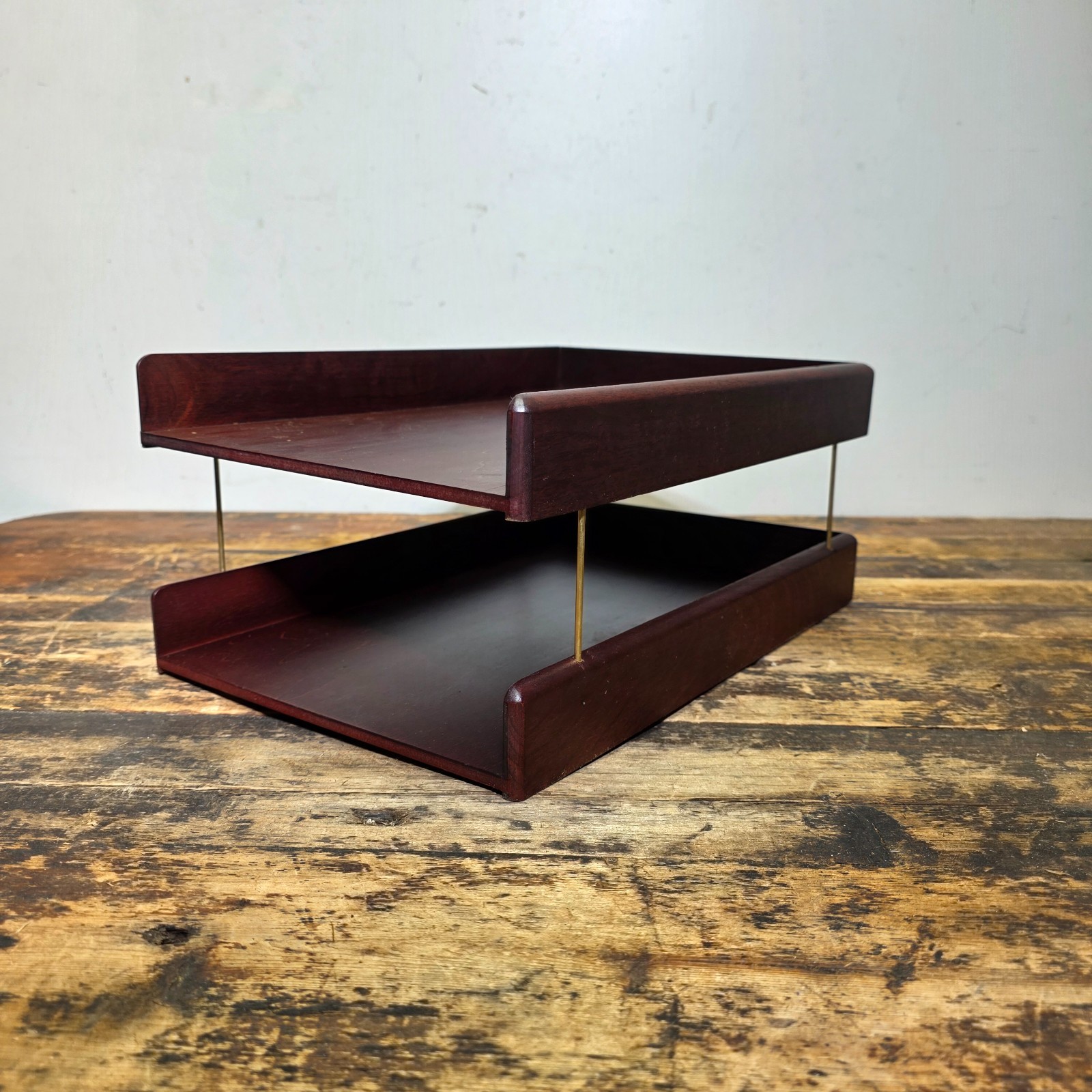 Vintage Carver Wood Products Desk Letter Tray 2 Tier Cherry Oak MCM Damage USA
