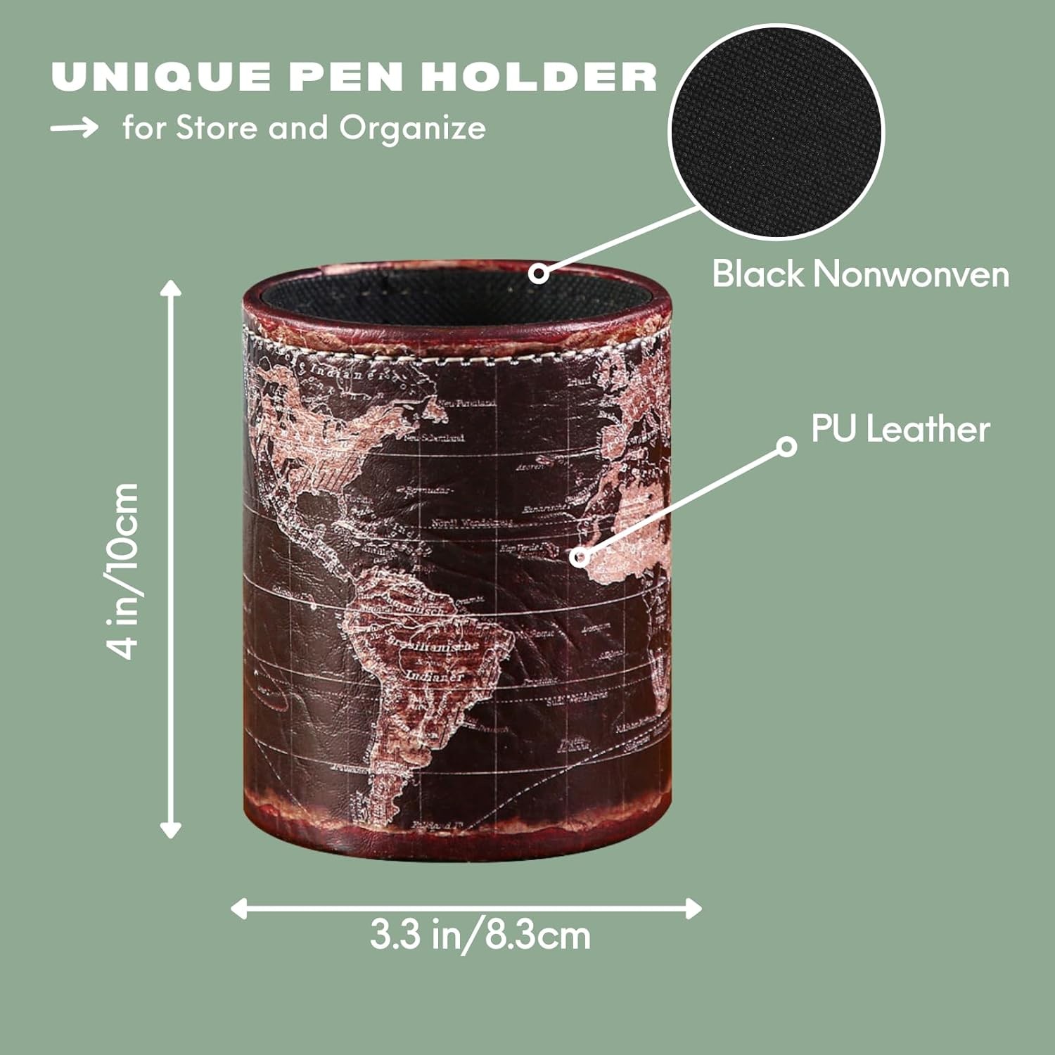 Black World Map Pencil Holder for Desk, PU leather Pencil Cup, Globe Pen Holder