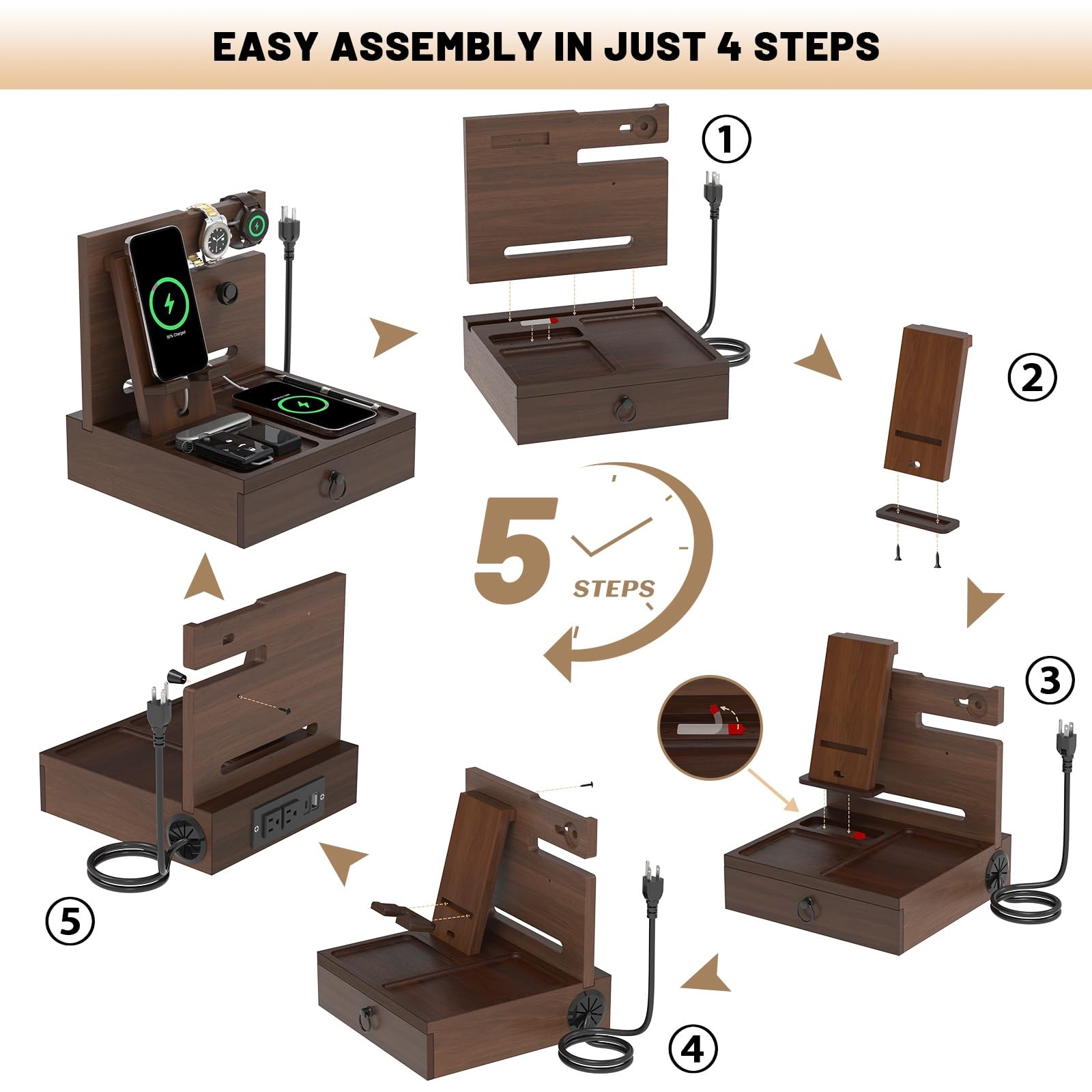 Wood Phone Docking Station with USB With charging station, Elegant Walnut
