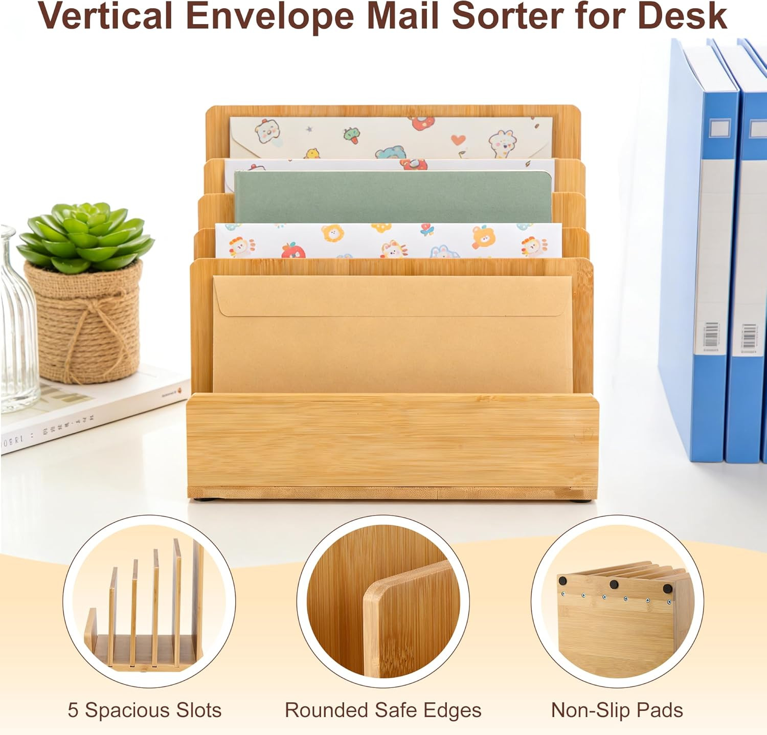 Bamboo Desk File Organizer, 5-Section Vertical Mail Sorter, Home Office Desktop