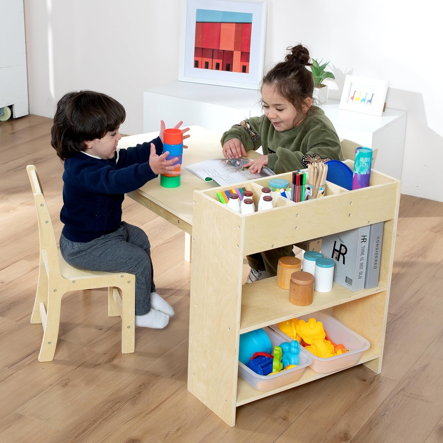 Kids Art Table and Chair Set, Birch Wooden Activity Craft Table, Kids