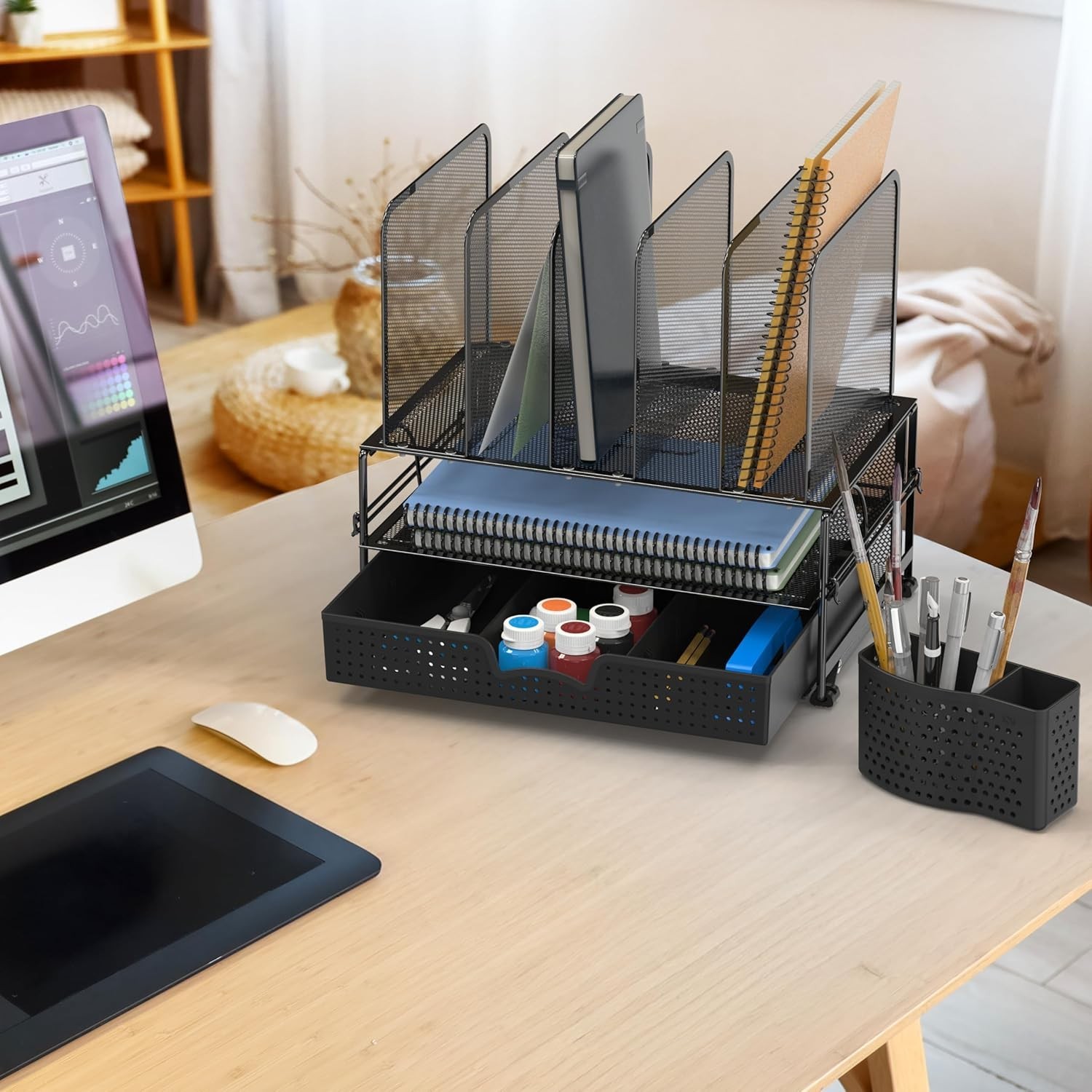 Modern Black Desk Organizer with Detachable Pen Bucket – Effortless Storage