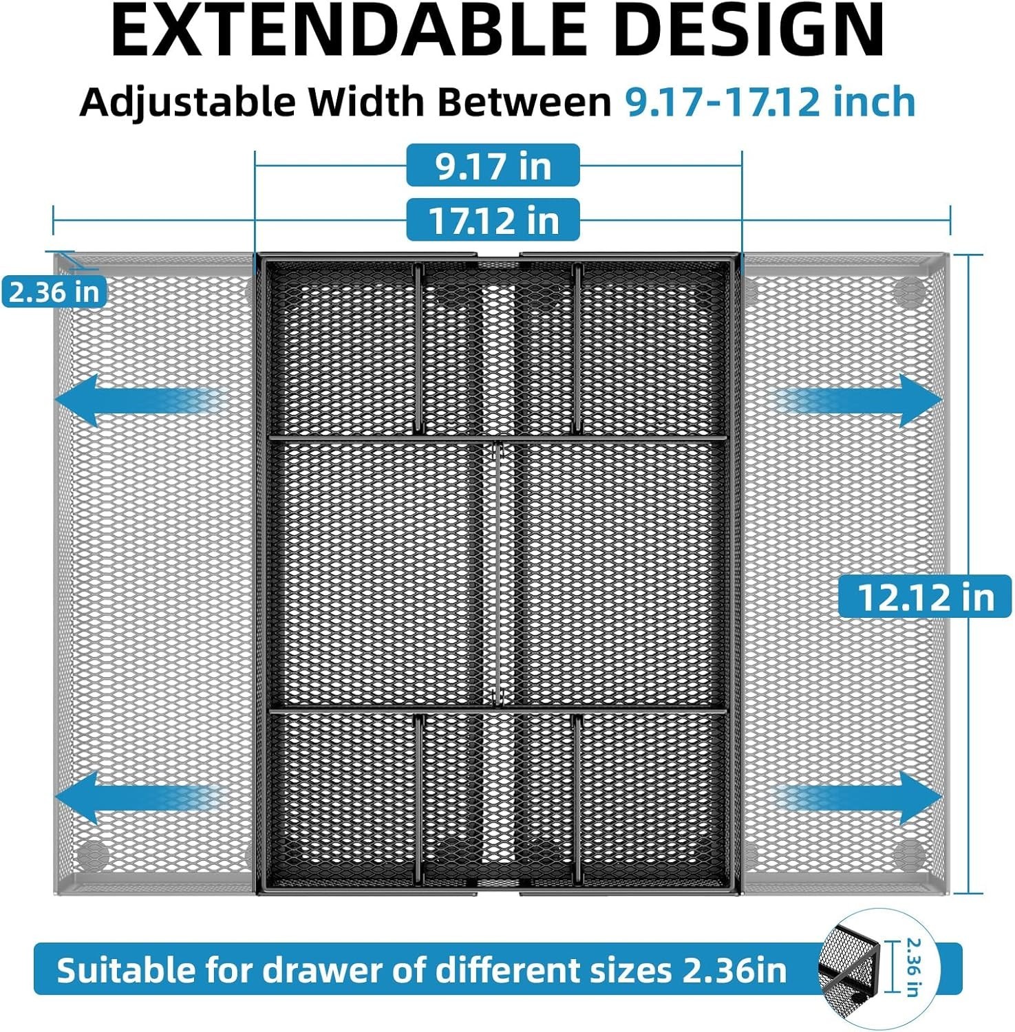 Expandable Desk Drawer Organizer, Mesh Drawer Organizer Tray with 10 Adjustable