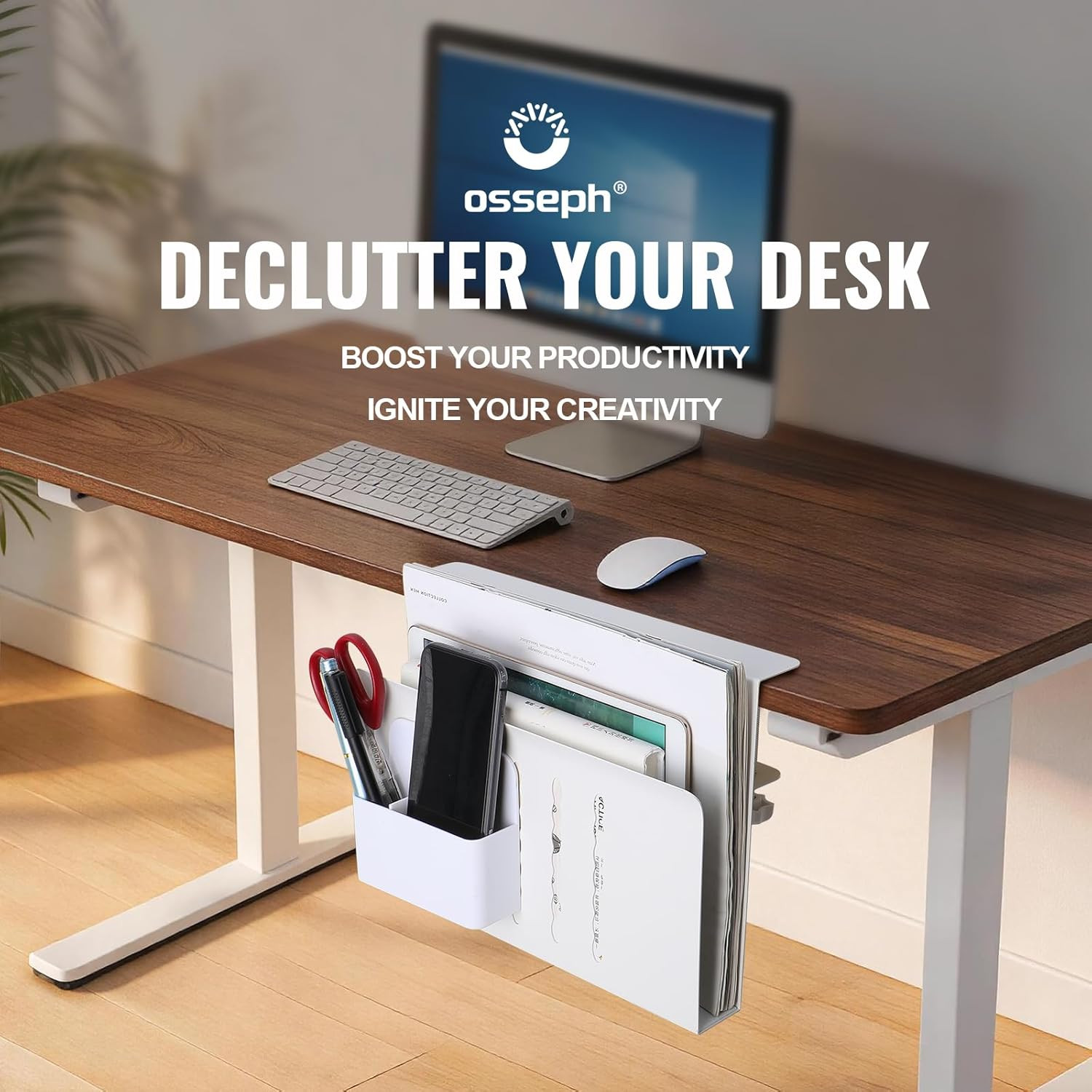 Desk Side Storage Organizer, Under Desk Laptop Holder with Magnetic Pen Holder,