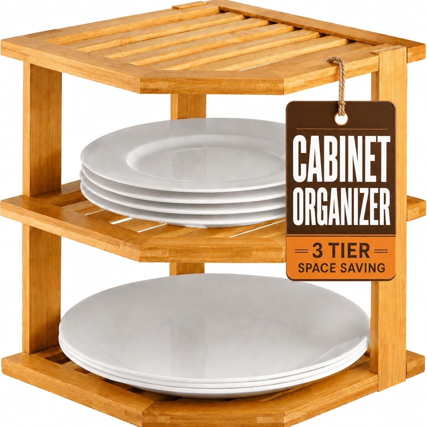 Elegant 3-Tier Bamboo Corner Shelf for Plates, Mugs, and Kitchen Essentials