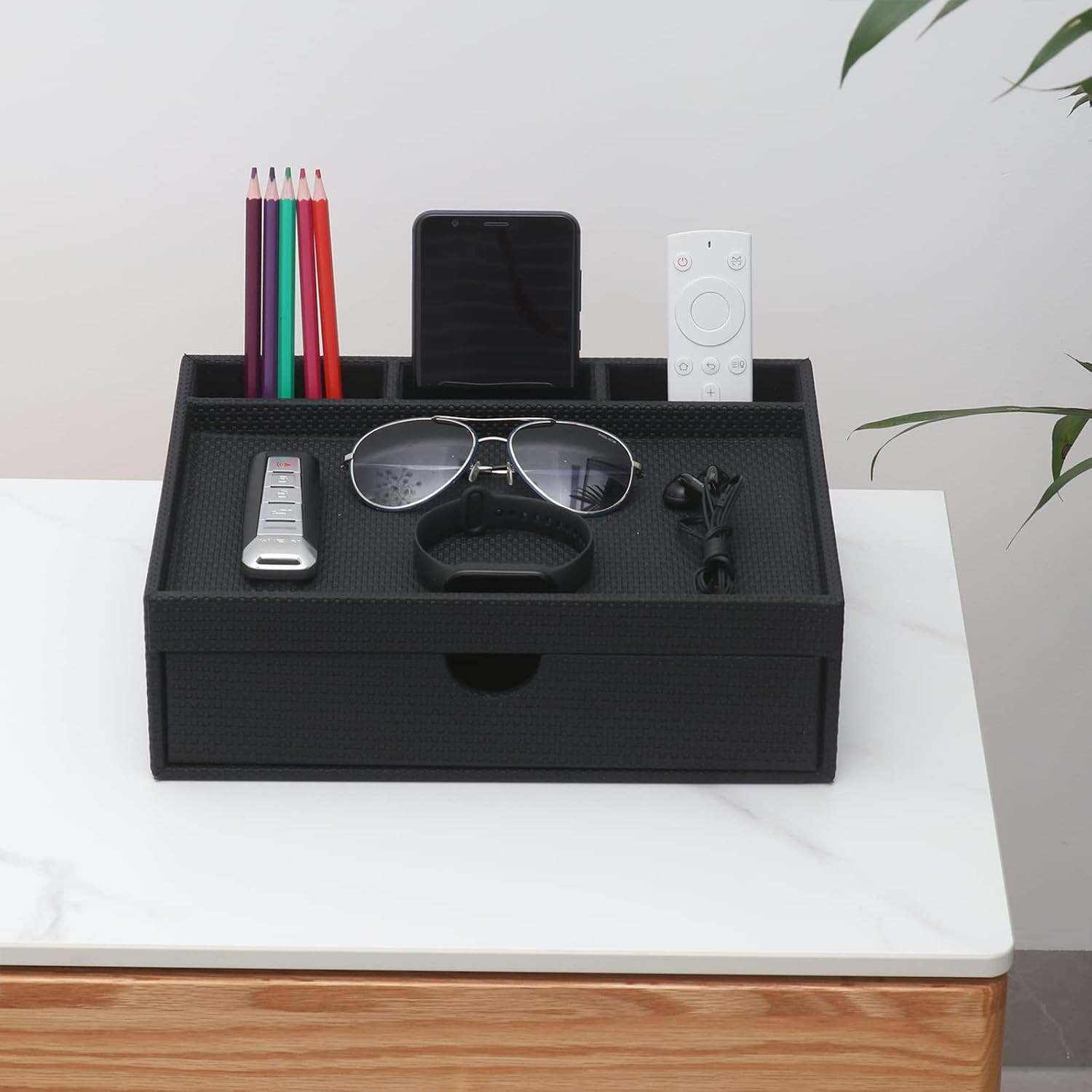 Stylish Black Leather Desk Organizer with Drawers & Dividers for Home & Office