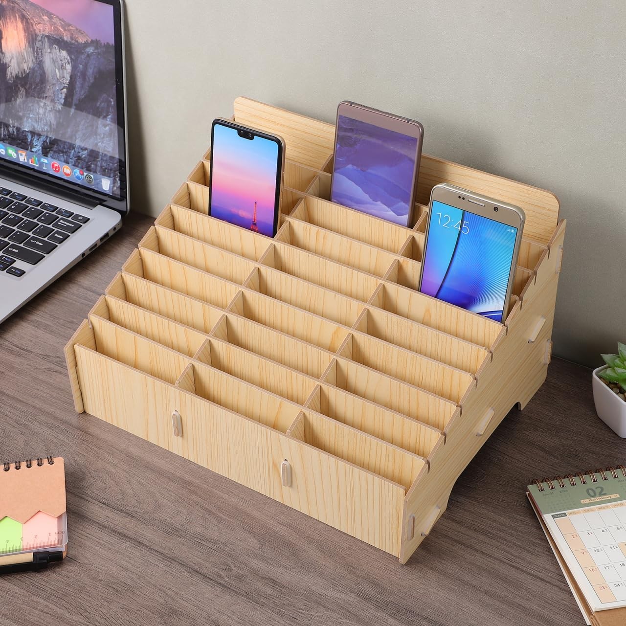ULTECHNOVO 30-Slot Wooden Cell Phone Storage Box – Lockable Classroom Khaki