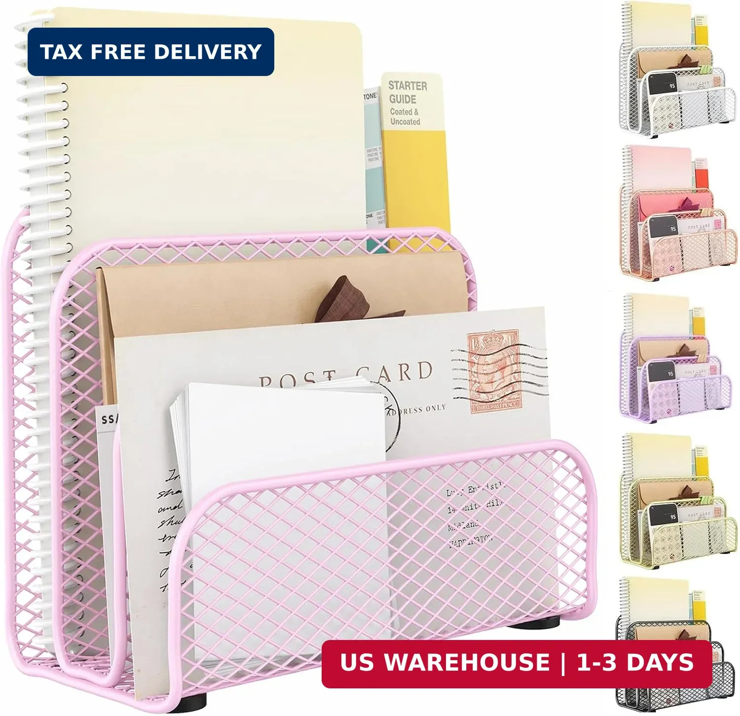 gianotter Mail Organizer Countertop, Metal File Holder with 3-Slot, Pink Desk Ac