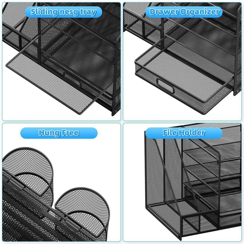 Black 13.77 In. X 11.02 In. Metal Desk Organizer with Sliding Drawer and 2 Pen H