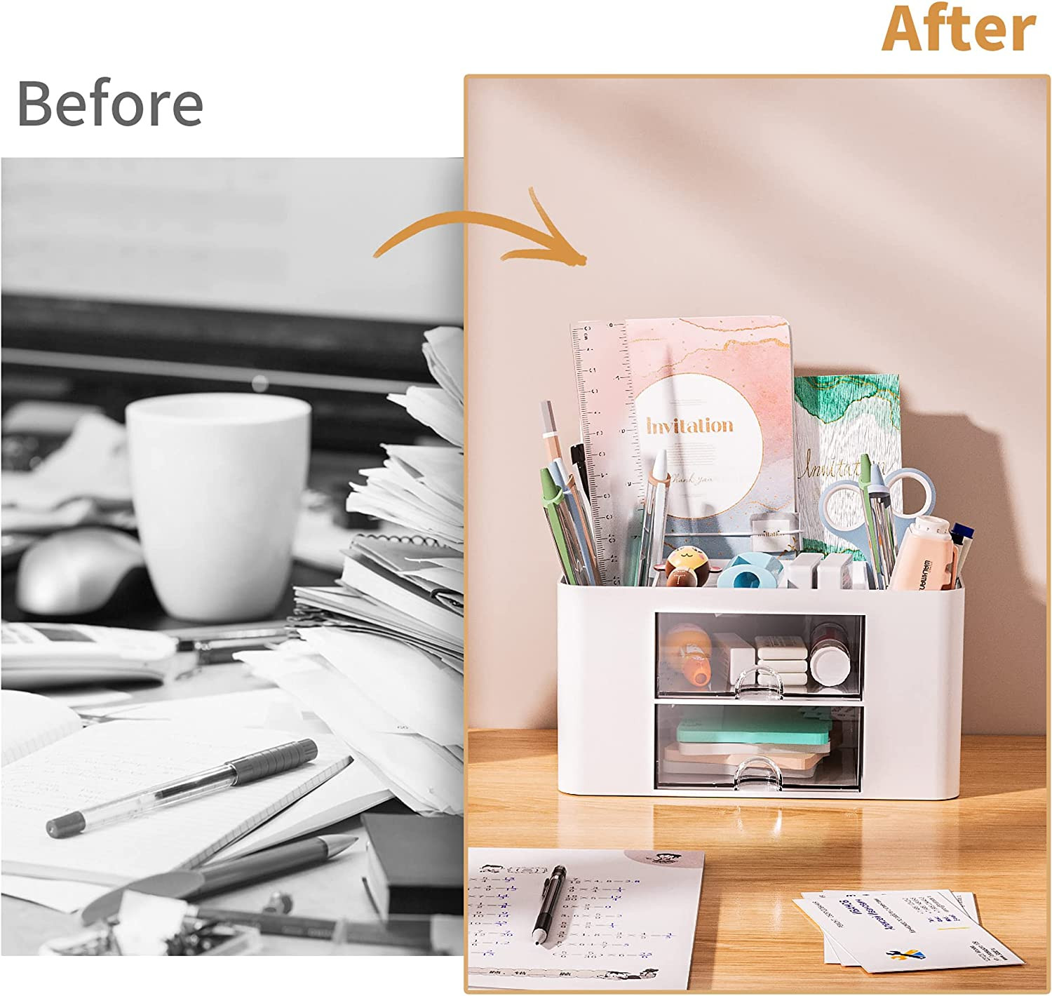 Pen Organizer with 2 Drawer, Multi-Functional Pencil Holder for Desk, Desk Organ
