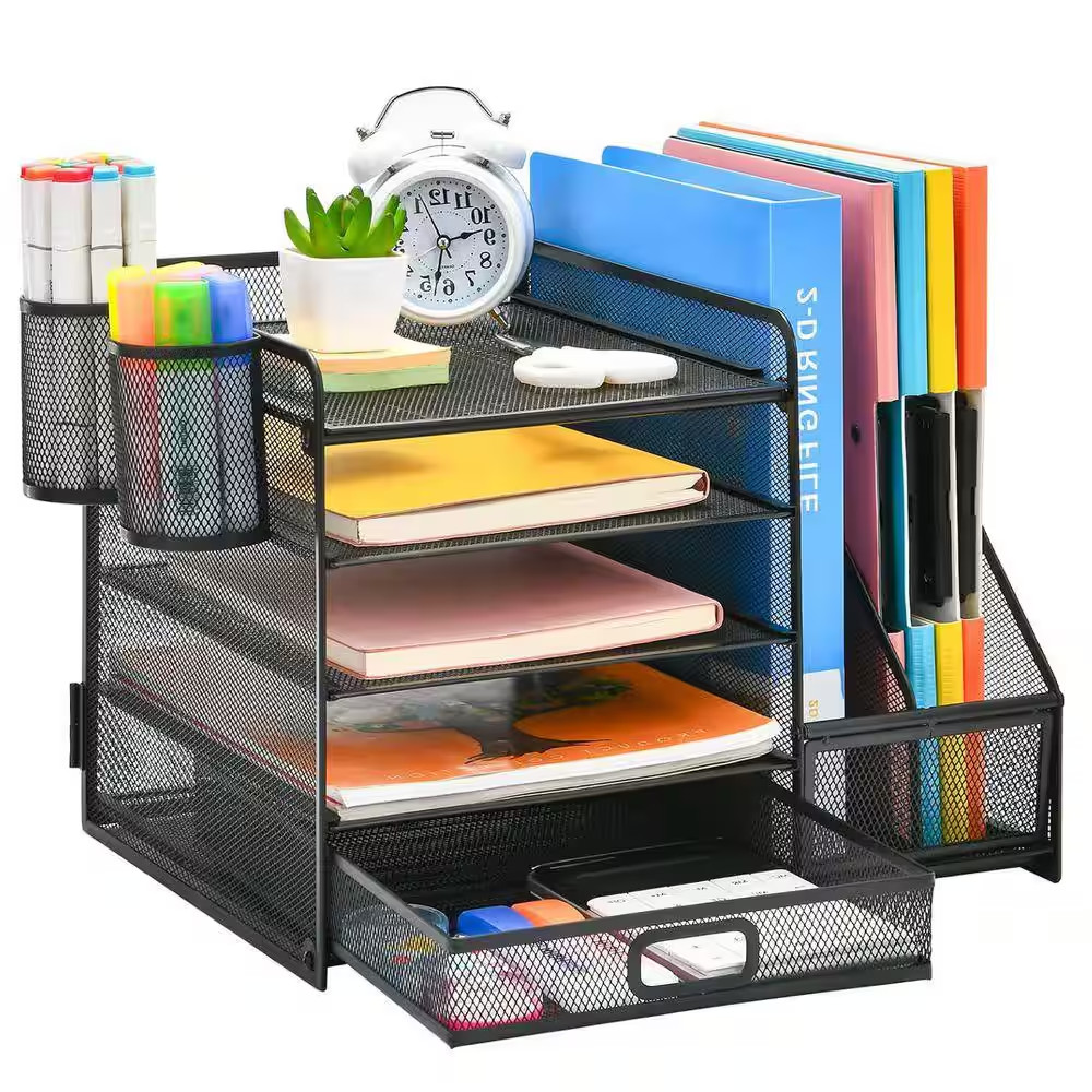 Black 13.8 In. X 11 In. Metal Desk Organizers with File Holder and 2 Pen Holders