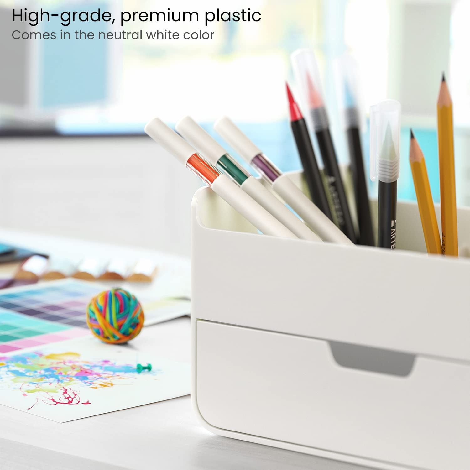 Arteza Small Desk Organizer Drawer Portable White Caddy Pen Holder Lightweight