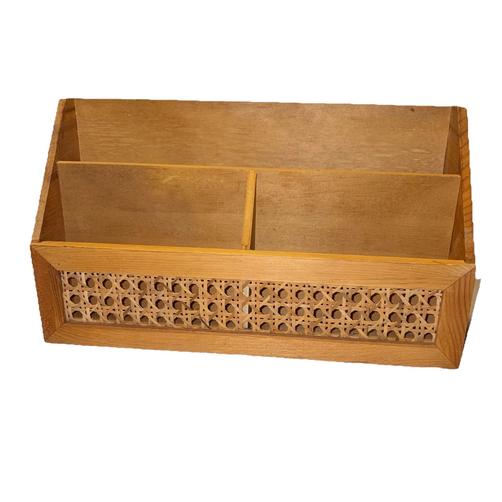 Vintage Rattan Wicker & Wood Desk Letter Organizer