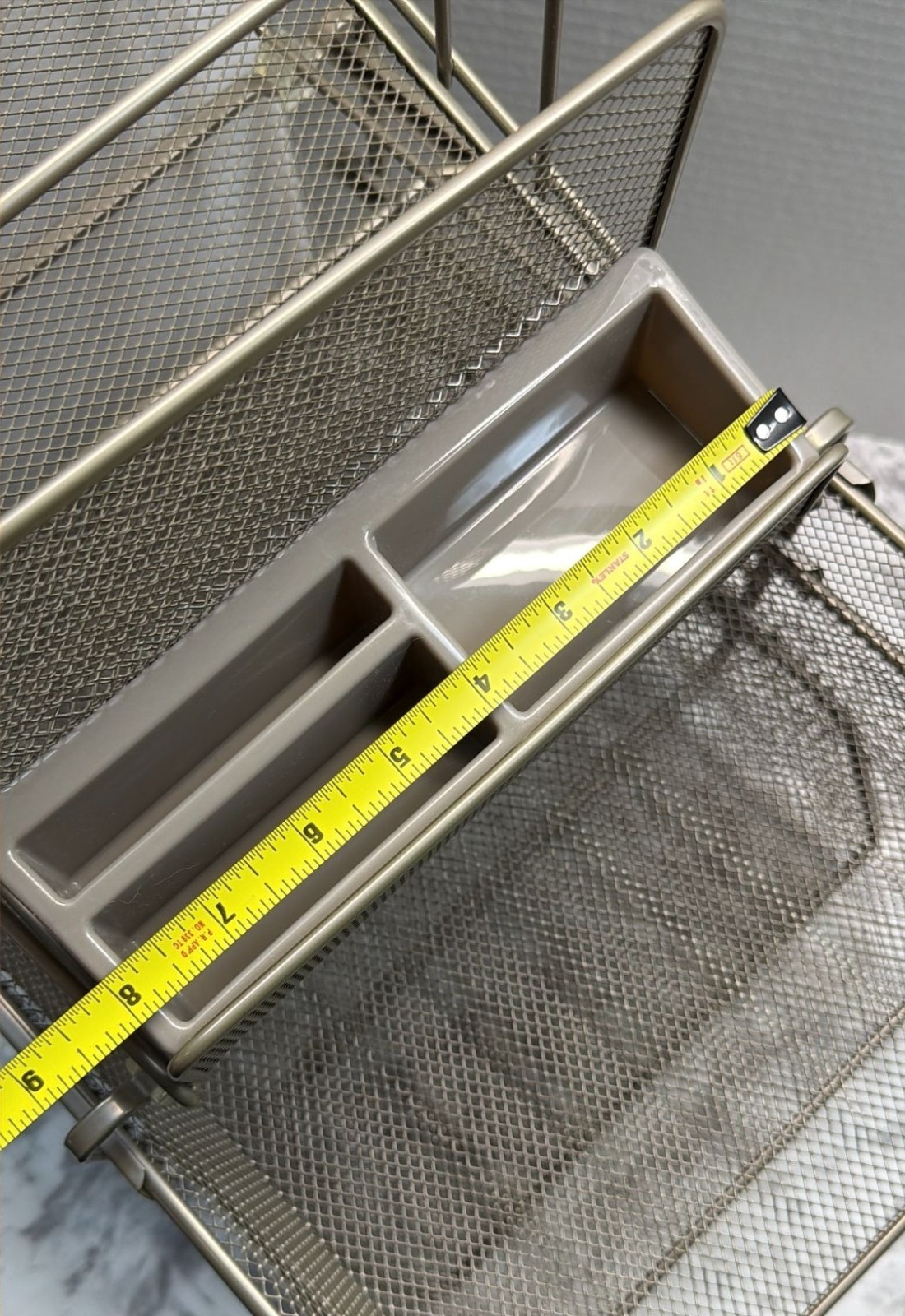 Mesh Metal Office Desk Organizer Steel Grey Finish Sliding Baskets Paper Holders