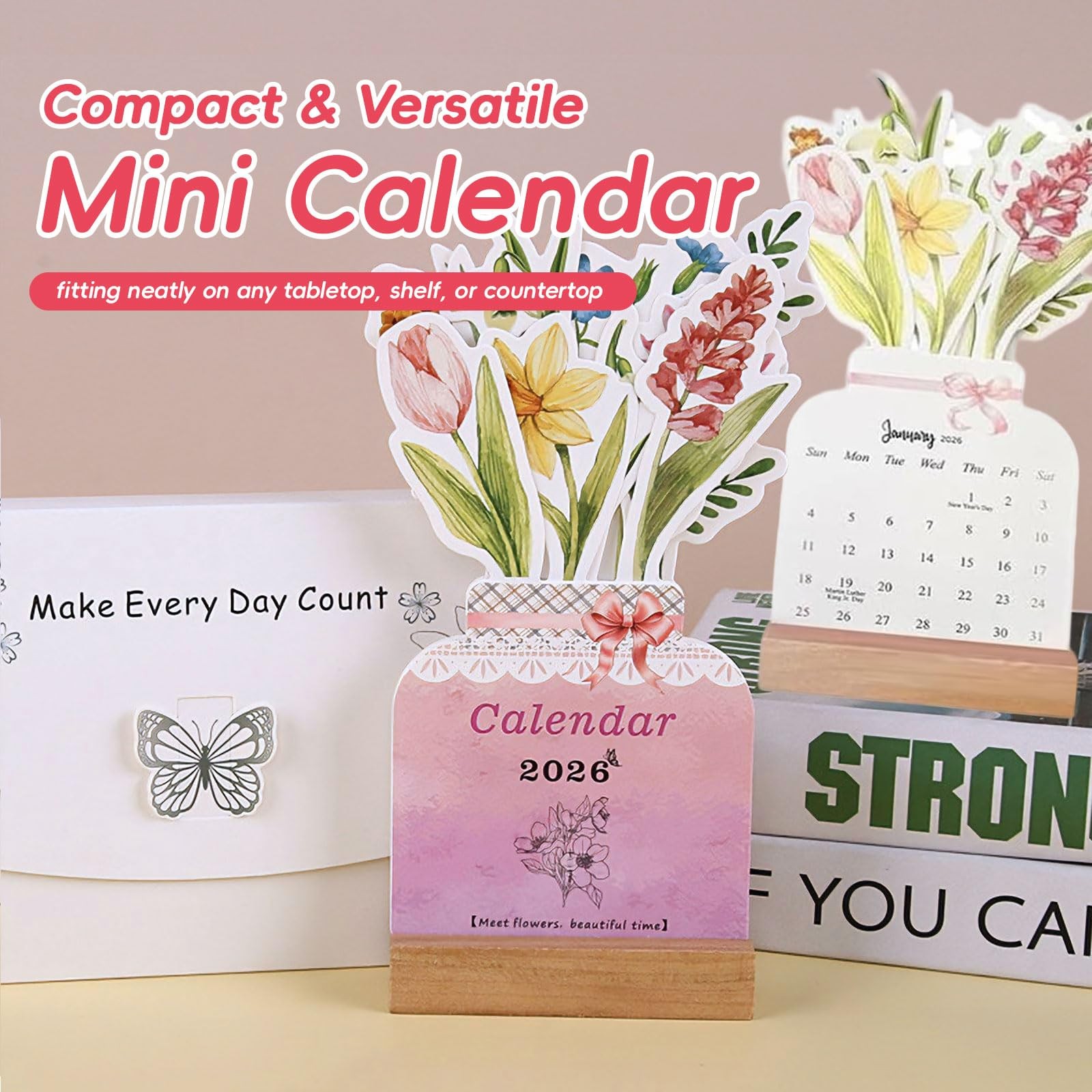Bloomy Flowers 3D Floral Desk Calendar 2026, Pop Up 3.9″W x 8.5″H, white