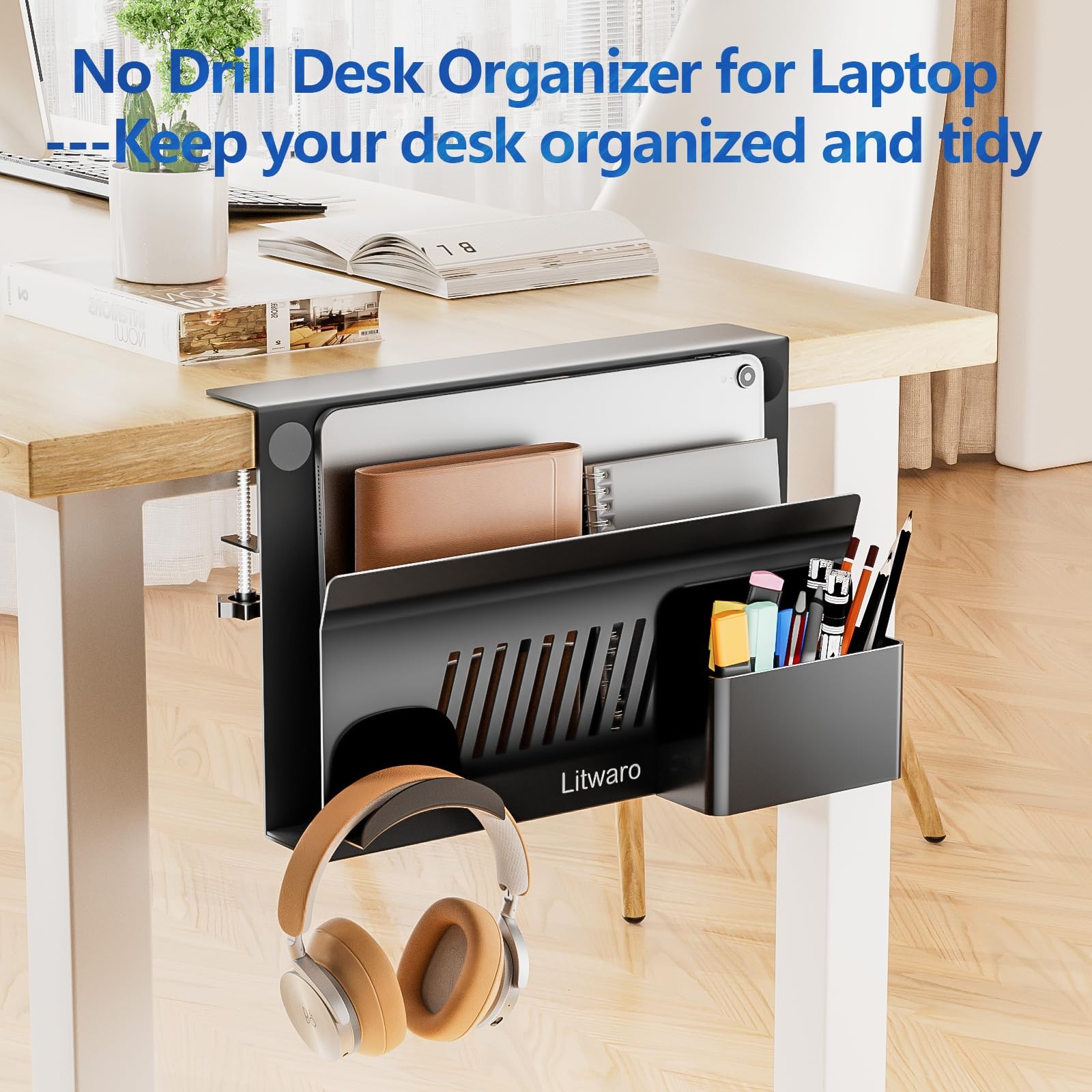 Litwaro Desk Side Storage, No Drill Laptop Holder with 11.8″-1Tier, Black