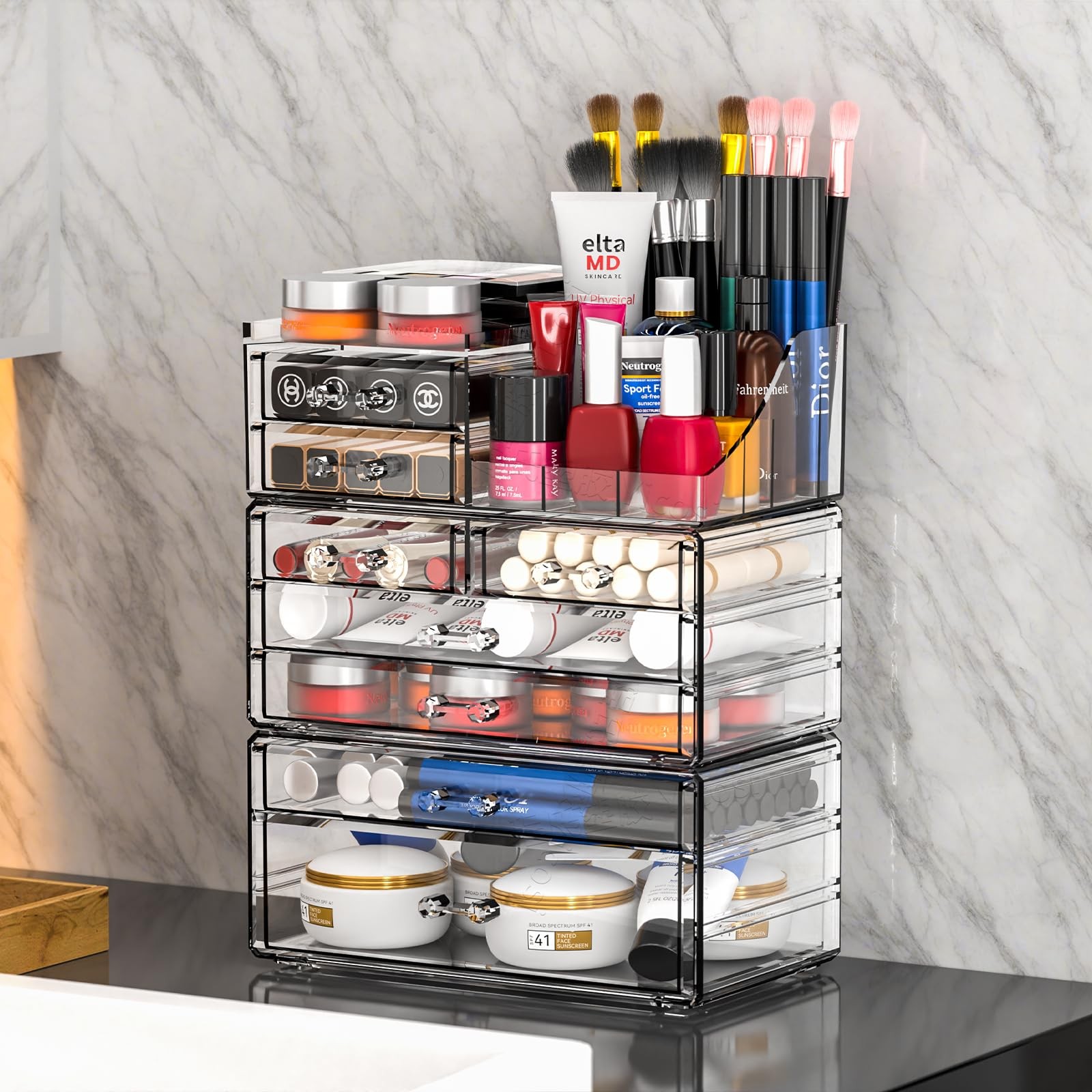 Acrylic Clear Make up Organizers And Storage for 8 Drawers-Set of 3, clear