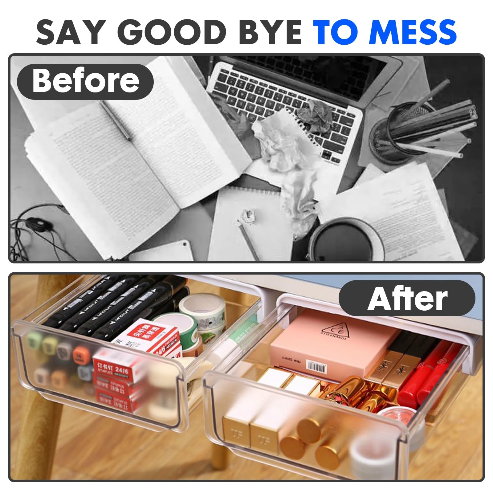 Self-adhesive Under Desk Drawer, 2 Packs Table Hidden Organizer Slide Out Lar…