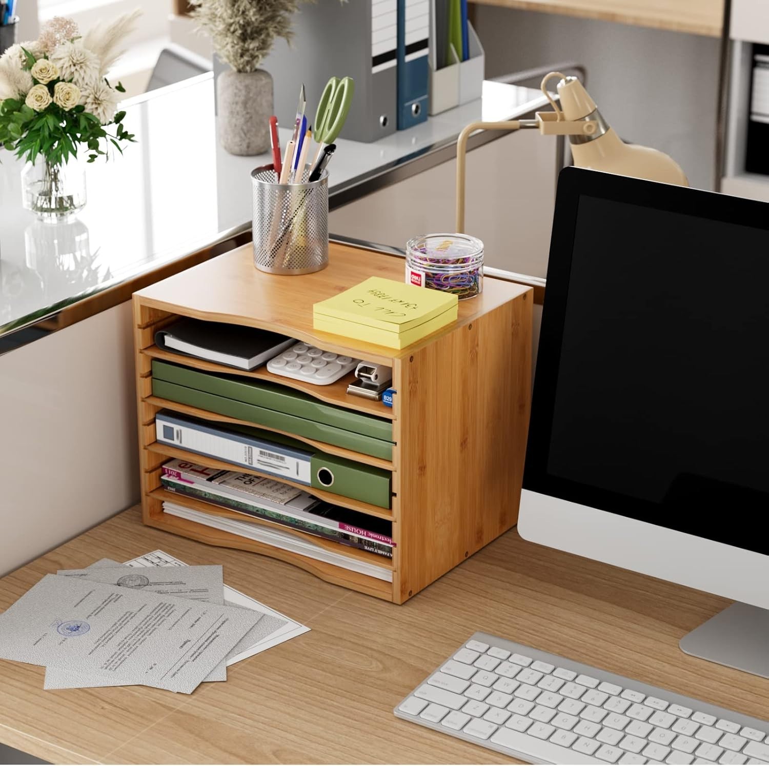 Elegant Bamboo 5-Tier Desktop Organizer with Adjustable Shelves for Home Office