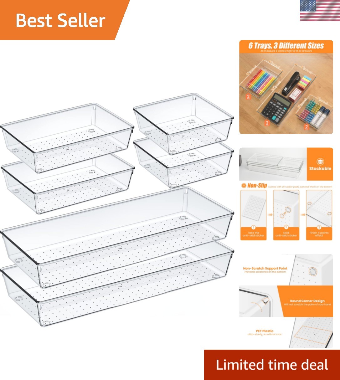 6 Pcs Large Size Clear Drawer Organizer Set, Acrylic Non Slip Non Cracking Ki…