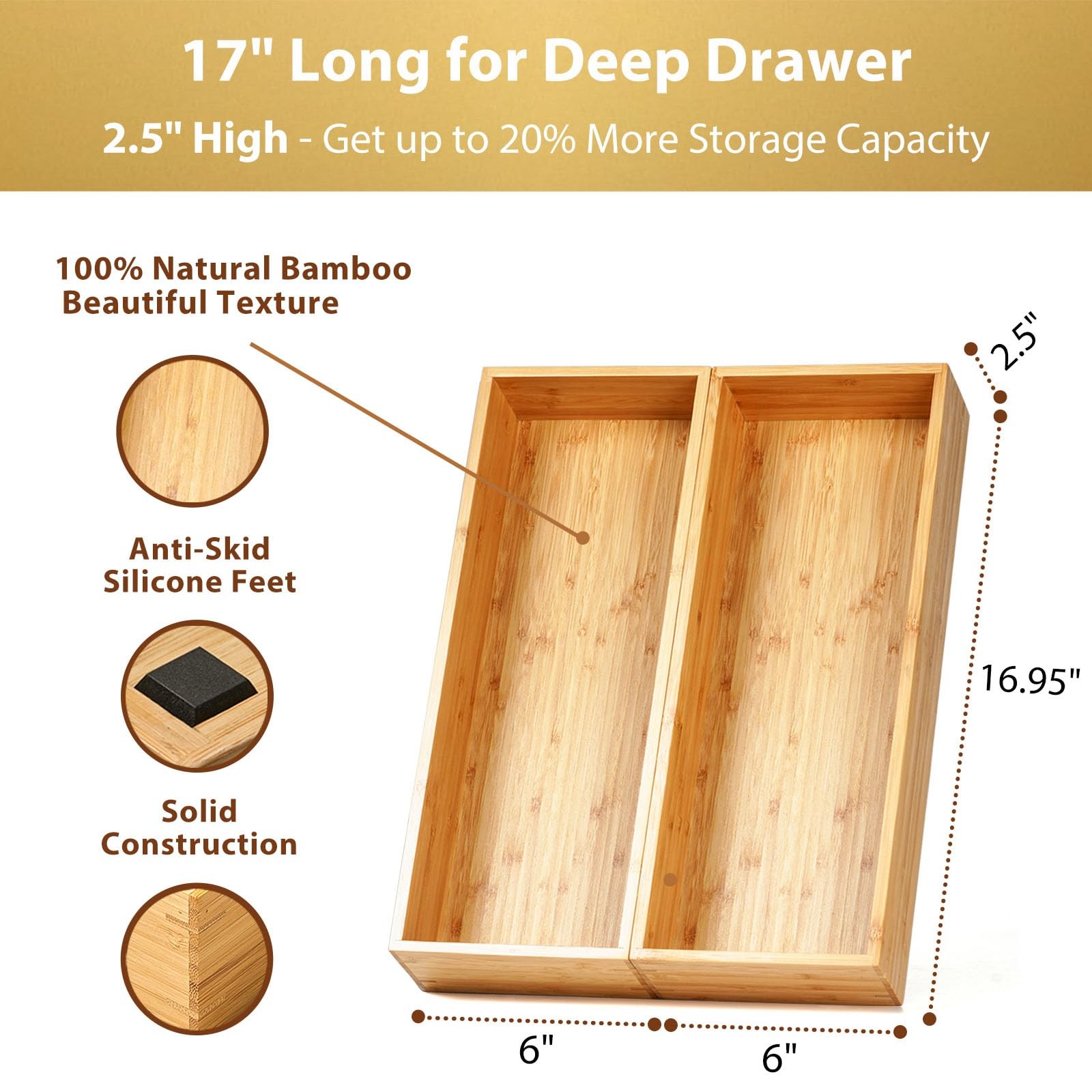 Umilife Bamboo Kitchen 17 x 6 x 2.5″ (Standard, Set of 2), Natural with Red