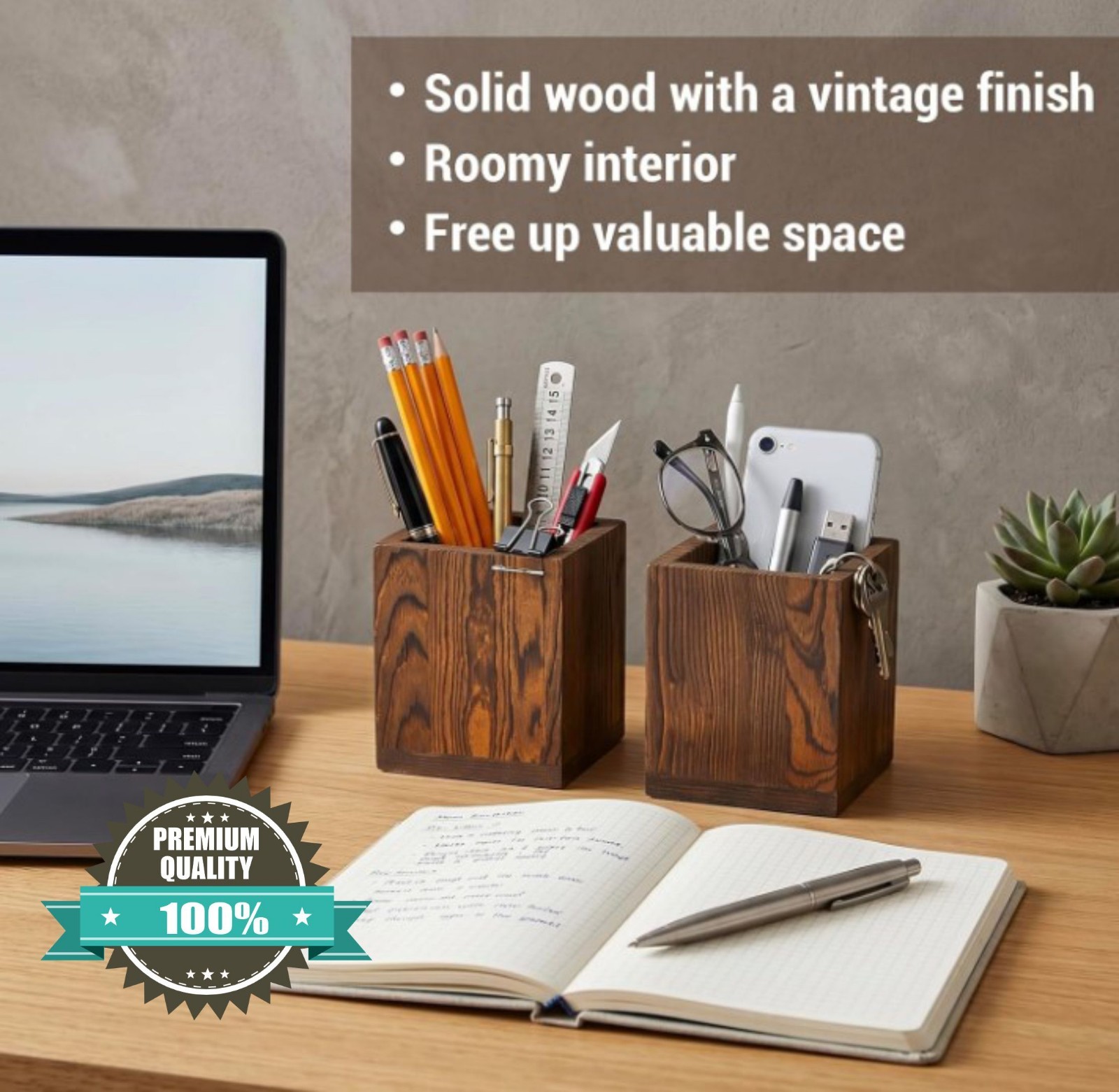 MyGift Set 2 Natural Wood Desktop Pen Pencil Holder Cup Office Desk Organizer