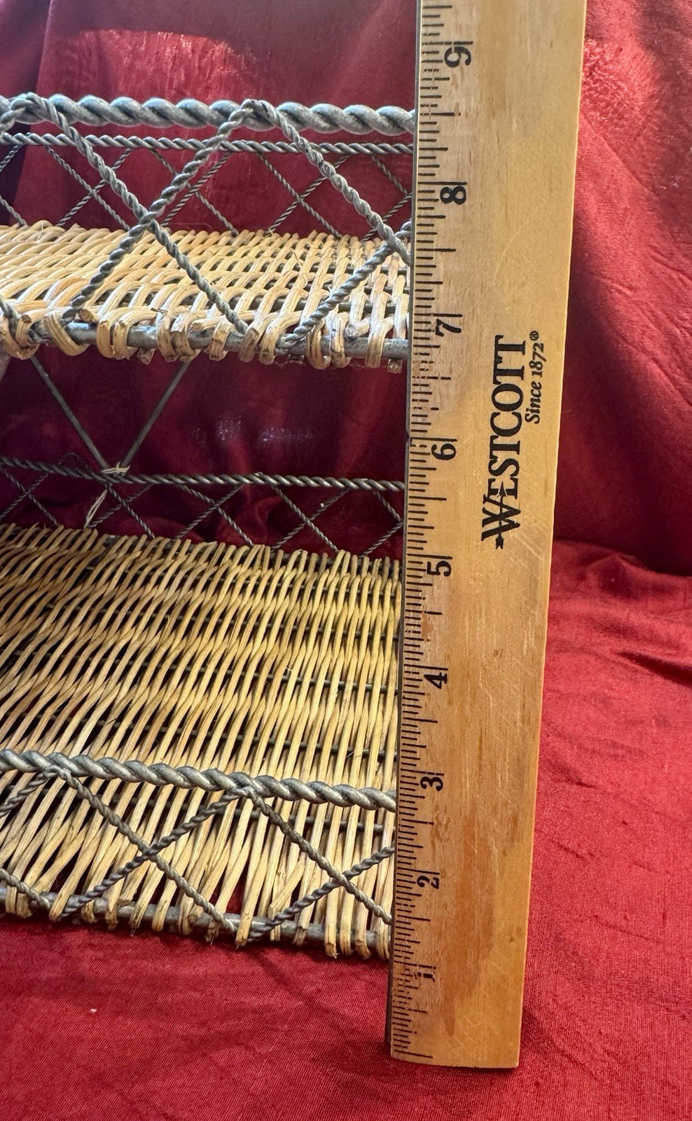 Vintage Double Tier Boho Woven Wicker And Metal Letter Tray / Desk Organizer