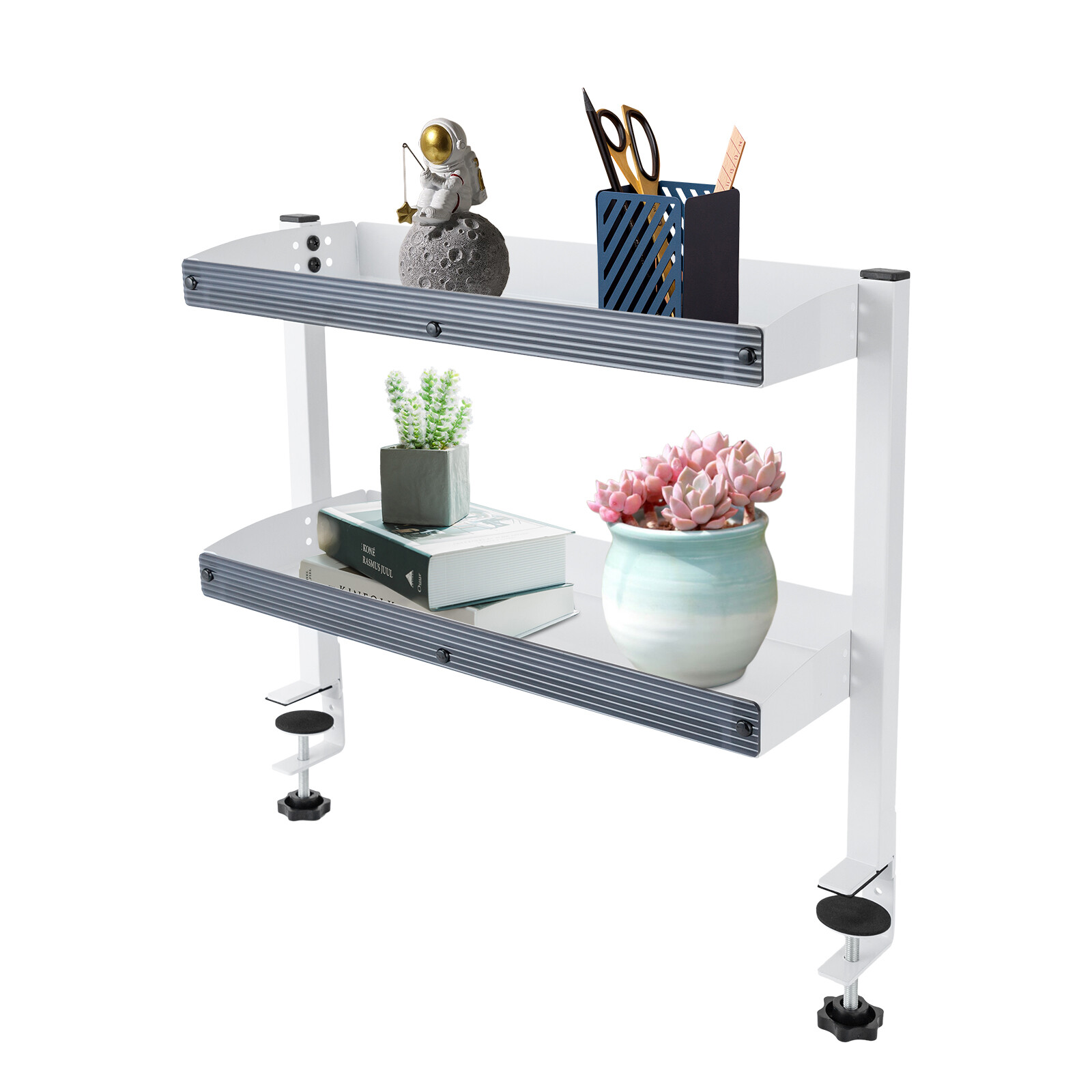 2-Tier Clamp-On Desk Shelf, Adjustable White Storage Organizer for Home