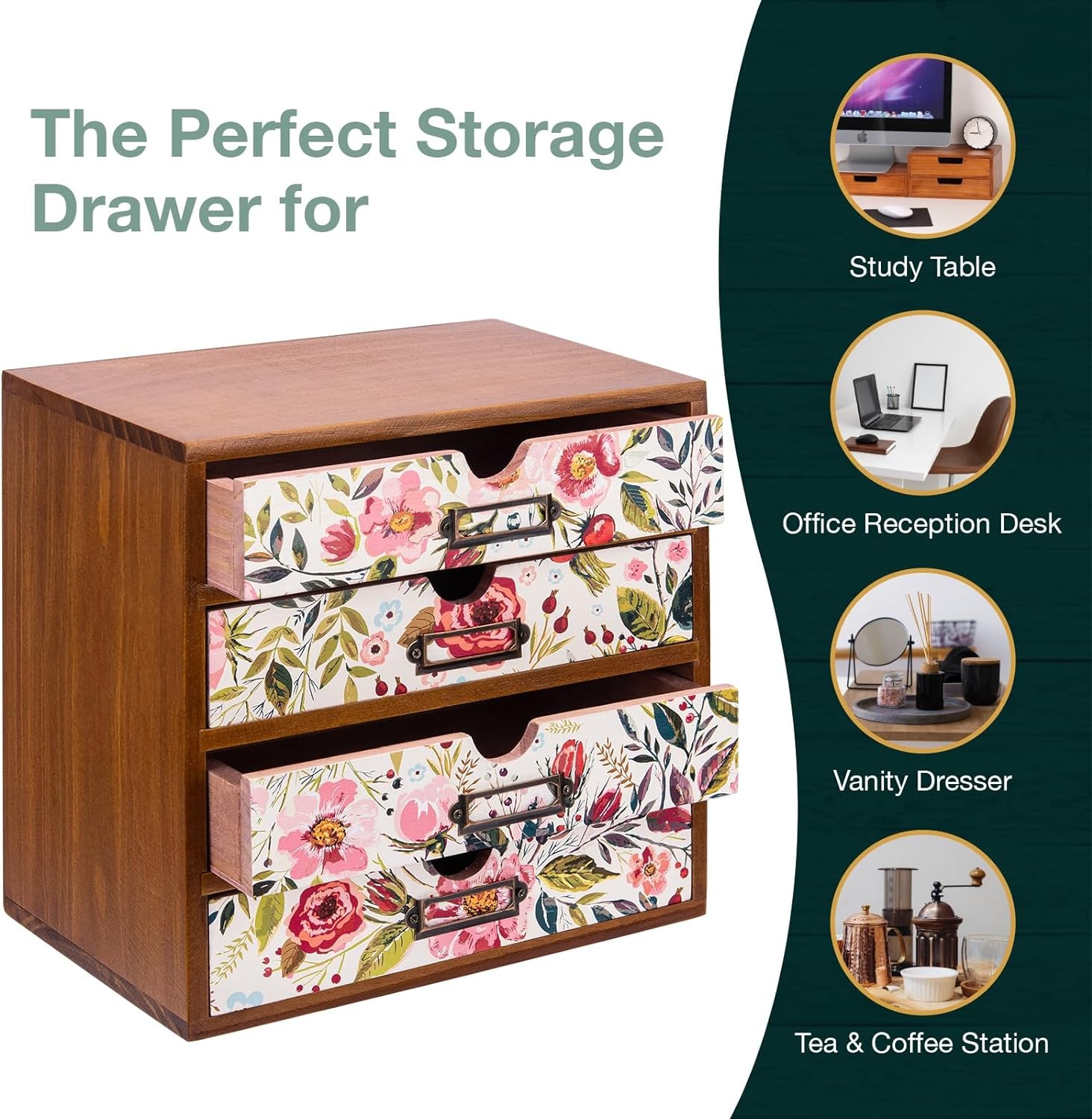 4-Drawer Vintage Desk Organizer in Floral Vibrant Botanical Flower on White