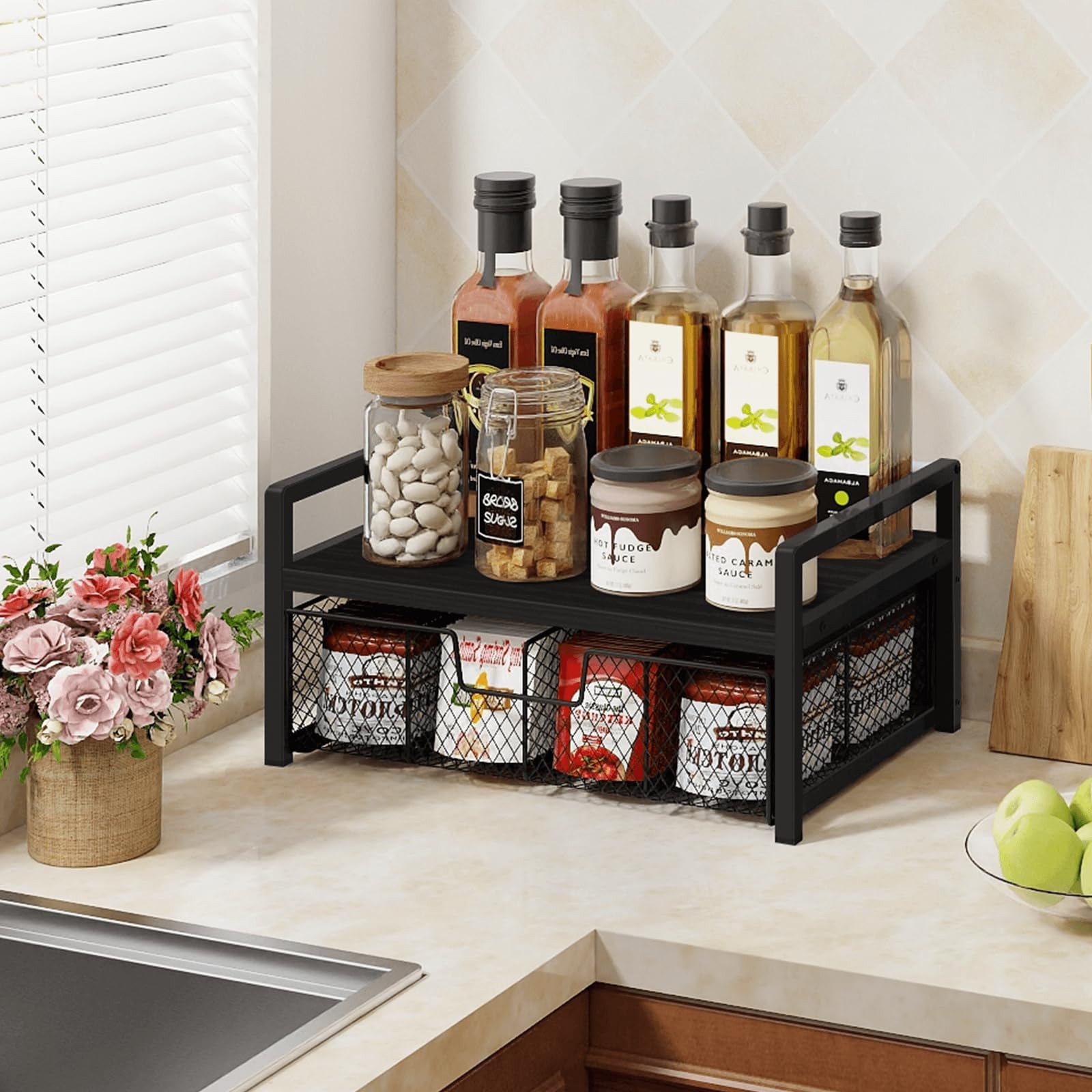 Homode Wood Tea Bag Organizer, Teabag Holder with Drawer, Black