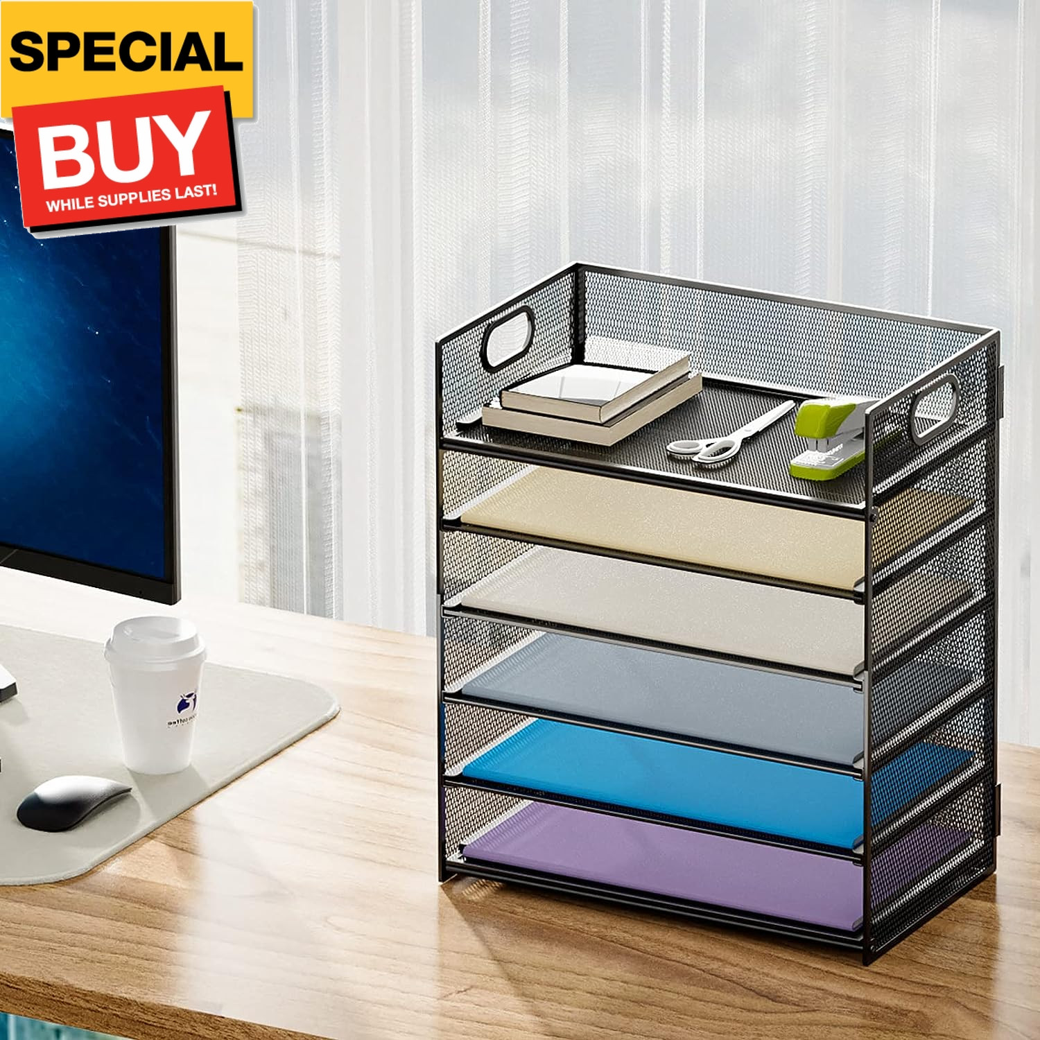 6 Tier Paper Organizer Letter Tray – Mesh Desk File Organizer with Handle, Paper
