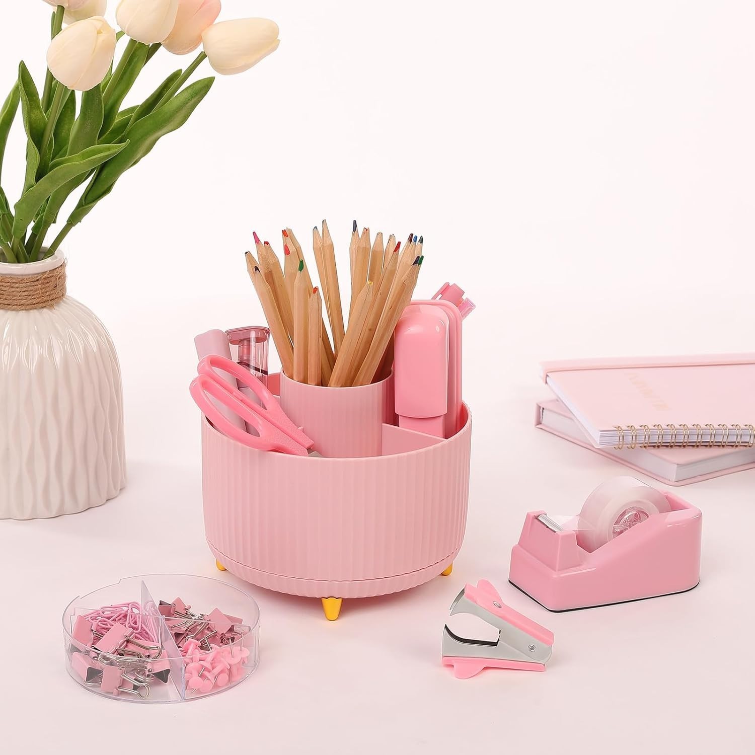 Versatile 10-Pc Pink Office Supplies: Stylish Rotating Holder, Stapler & More