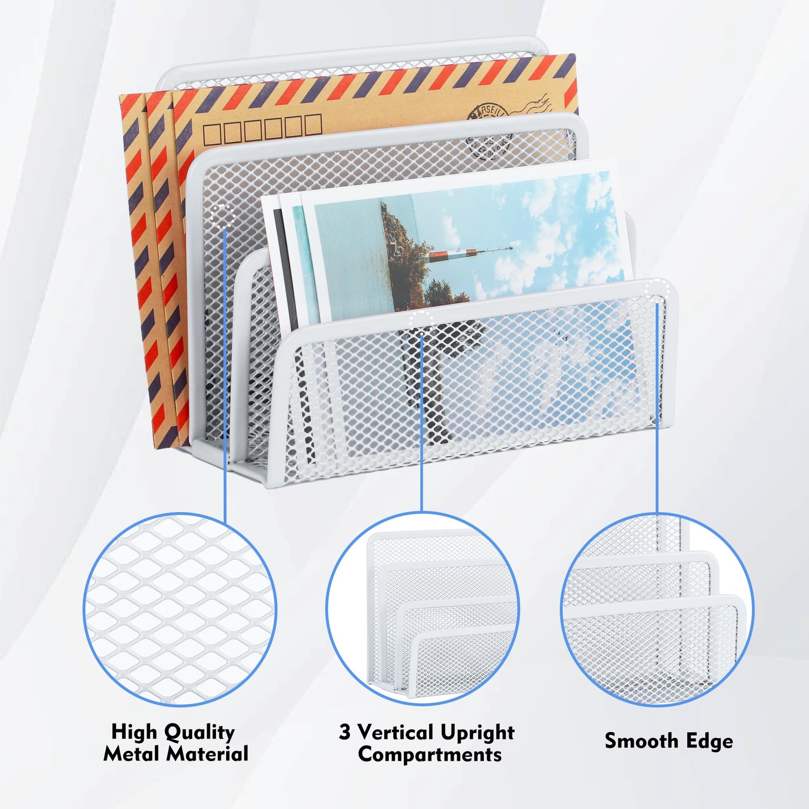 2 Pack White 3 Compartment Metal Mesh Desktop Mail Letter Sorter File