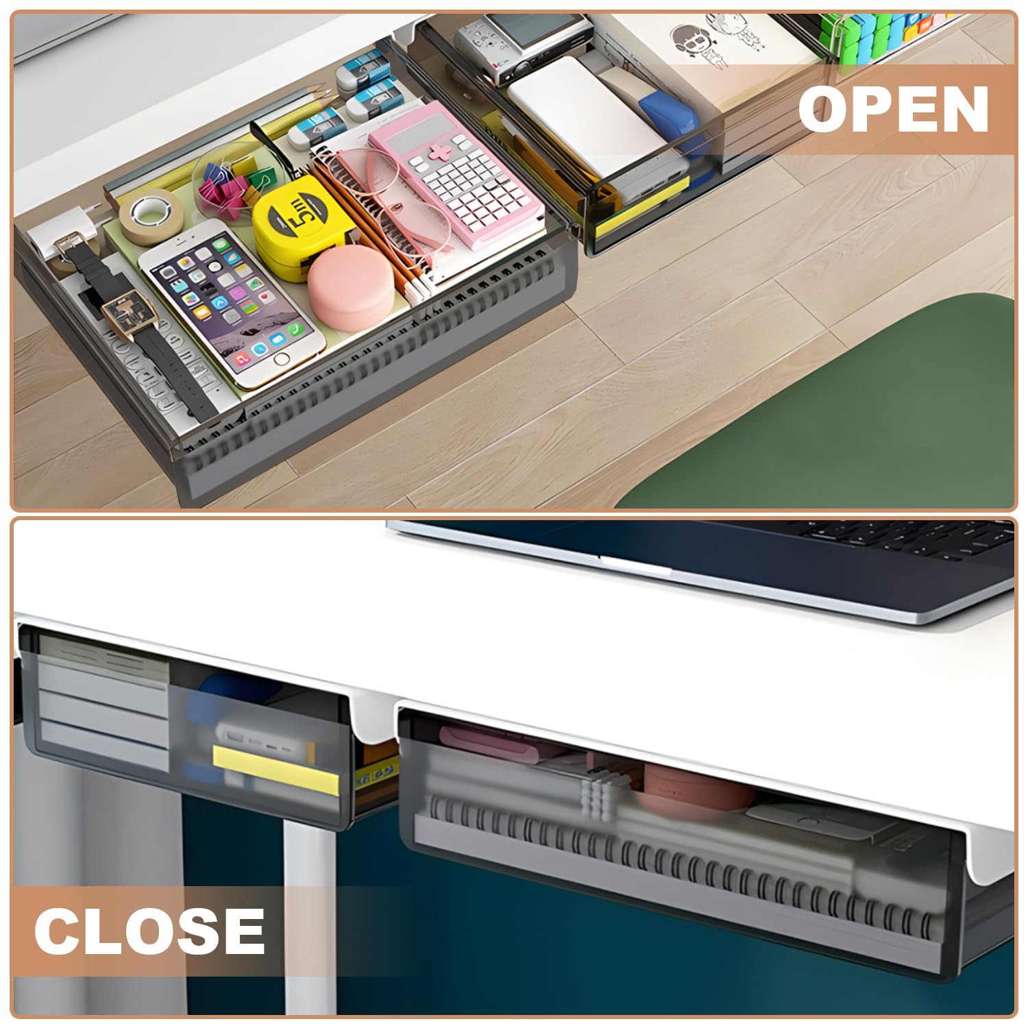 Under Desk Table Drawer Storage Organizer Large Medium Slide Out Tray 2 PCS