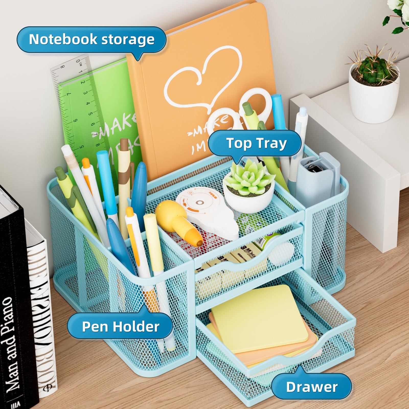 Mesh Desk Organizer, Pen Organizer with 2 Drawer, Multi-Functional Pencil Hol…