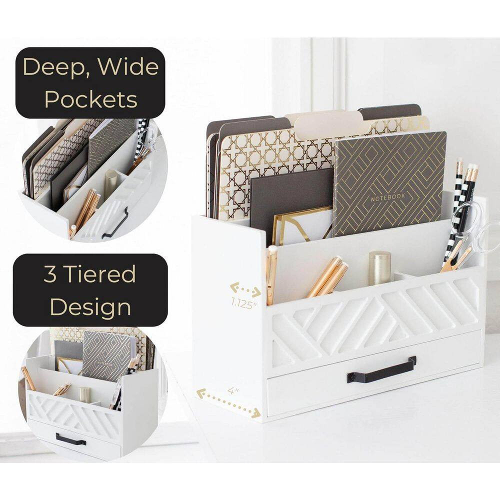 White 11.8 In. X 7.5 In. Wood Desk Organizers,Tabletop Organizer with Drawers