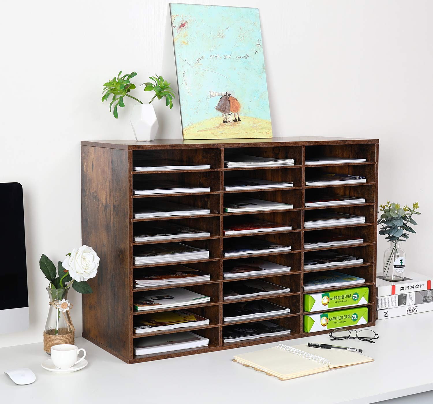 27 Compartments Wooden Literature Organizer with Adjustable Shelves, 13500 Sh…