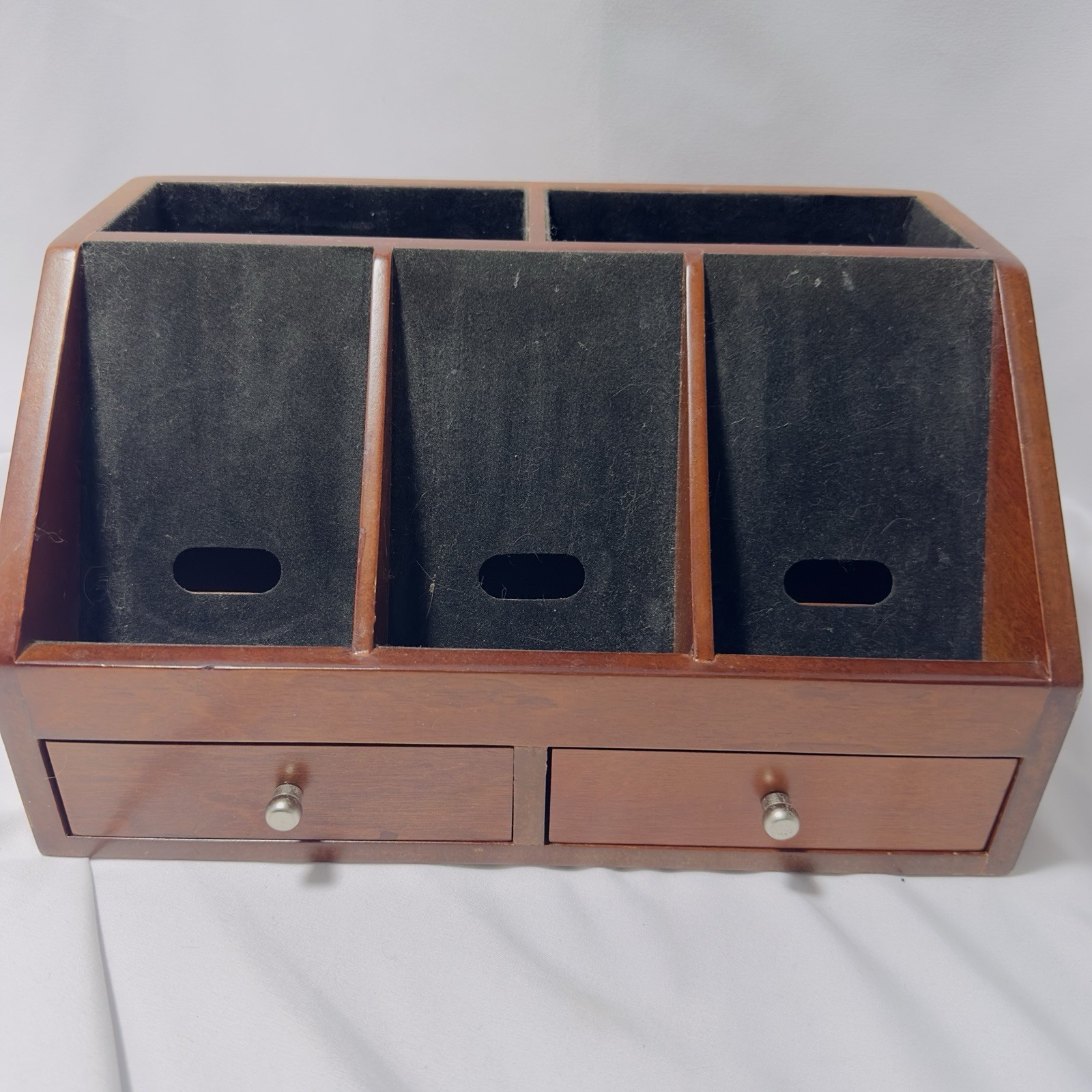 Vtg Wooden Office Desk Top Organizer Stationary 2 Drawer 5 Slots Felt Lined