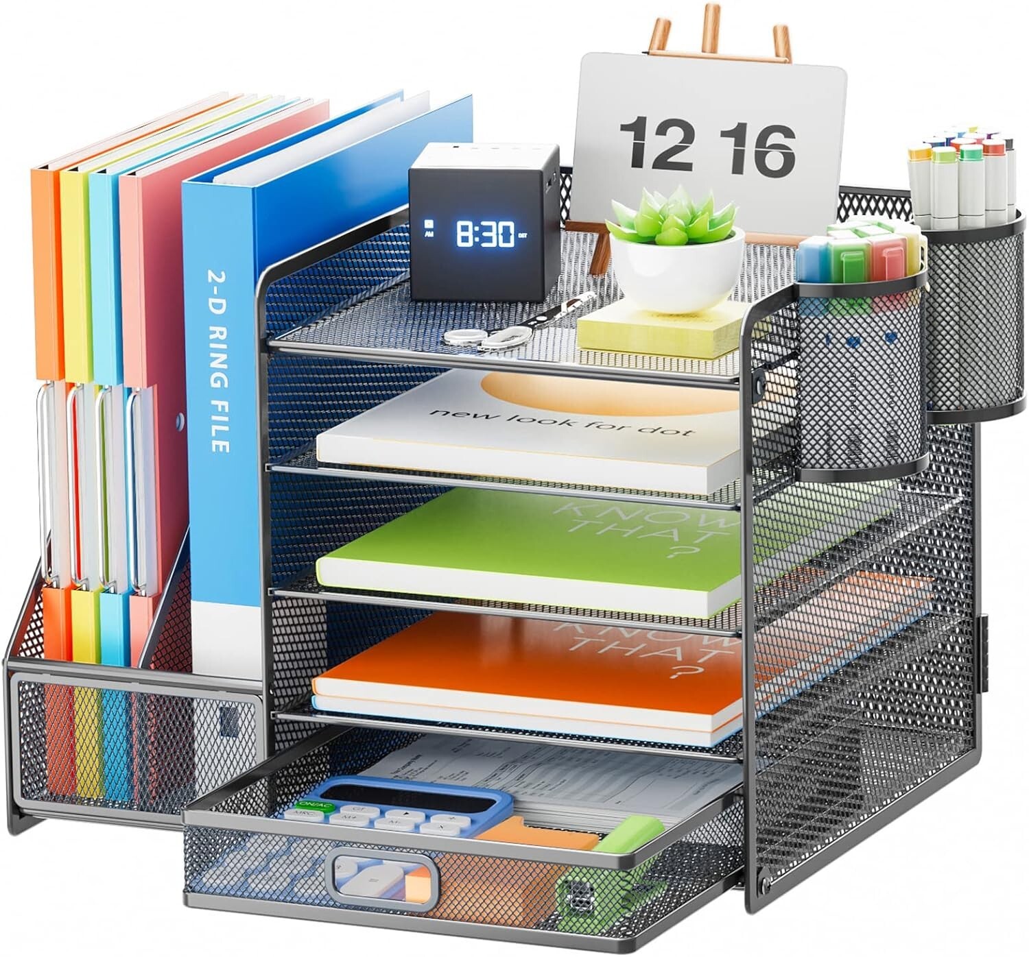 5-Tier Metal File Letter Tray Organizer with Drawer for Office Supplies Grey